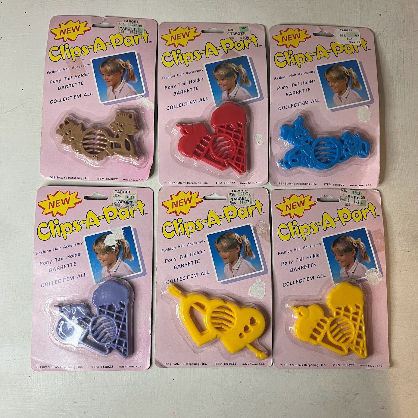 New VTG 80s Clips-A-Part Girls Plastic Hair Clips Cute Puppy Ice Cream 1987 NOS