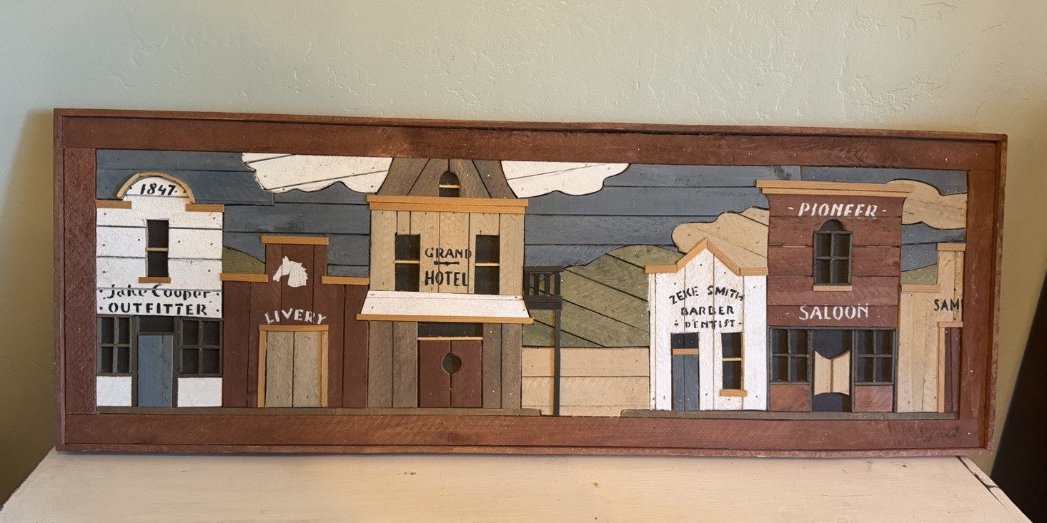 Vintage Theodore Degroot Lath Folk Art Farm Wood Mosaic Storefront Western 48x16