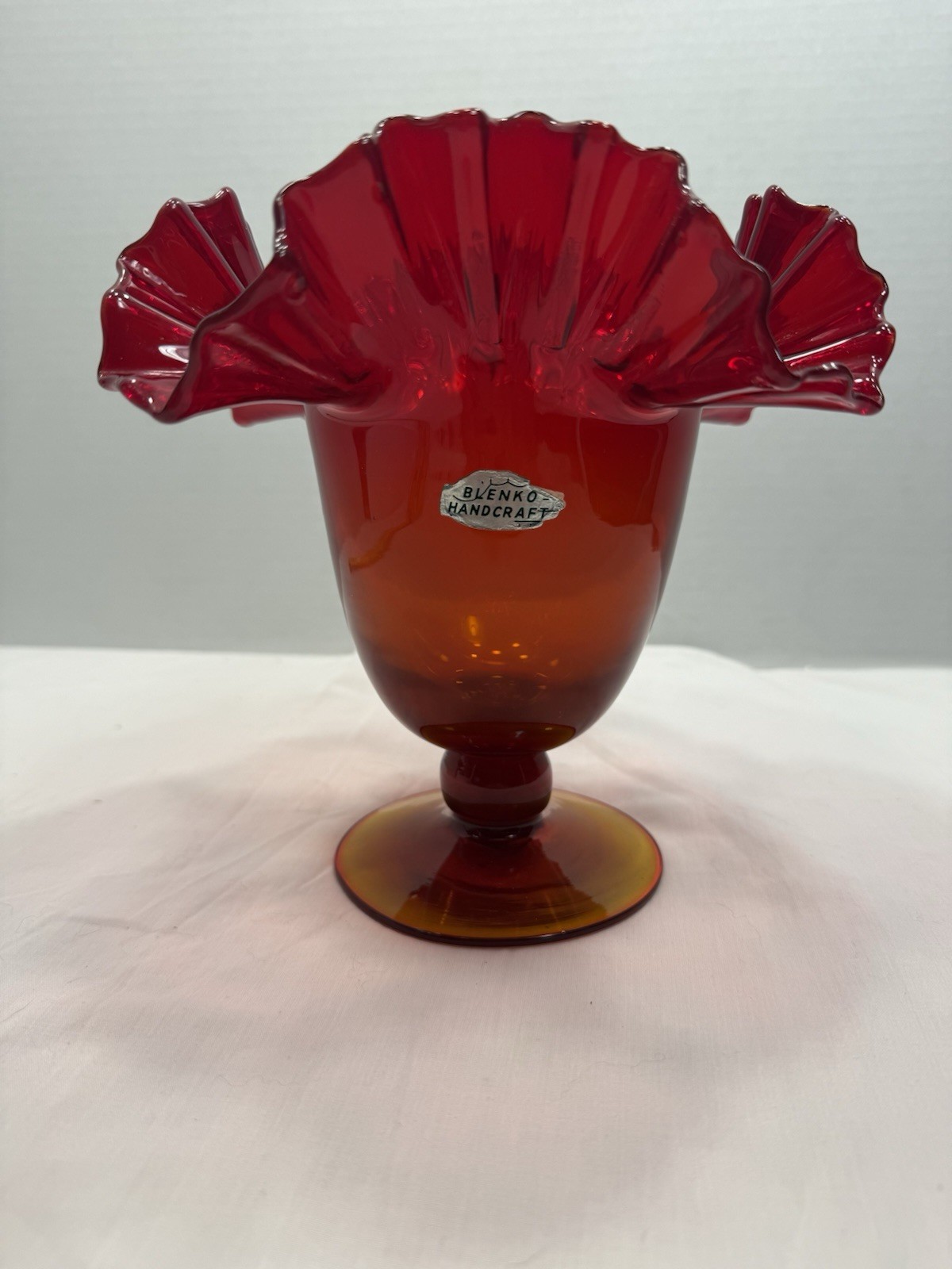 Vtg 1957 Blenko #388 Tangerine Amberina Ruffled Glass Fan Vase Foil Sticker MCM