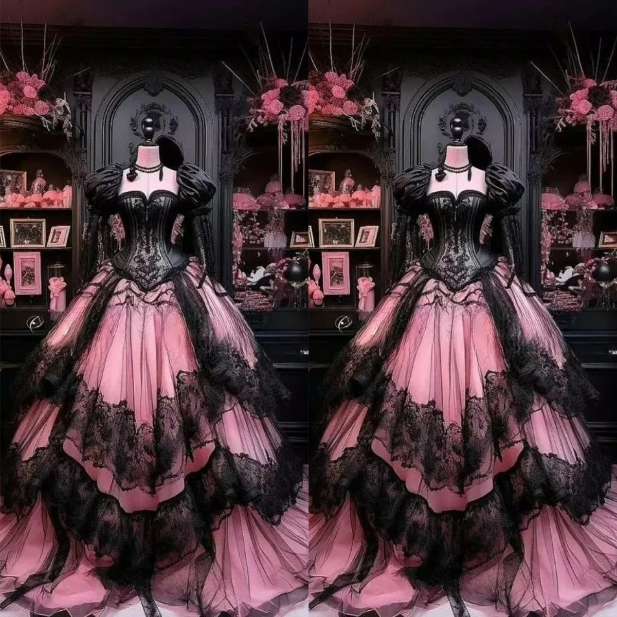 Gothic Fantasy Victorian Dress Masquerade Black Pink Corset Lacing Lace Ruffle