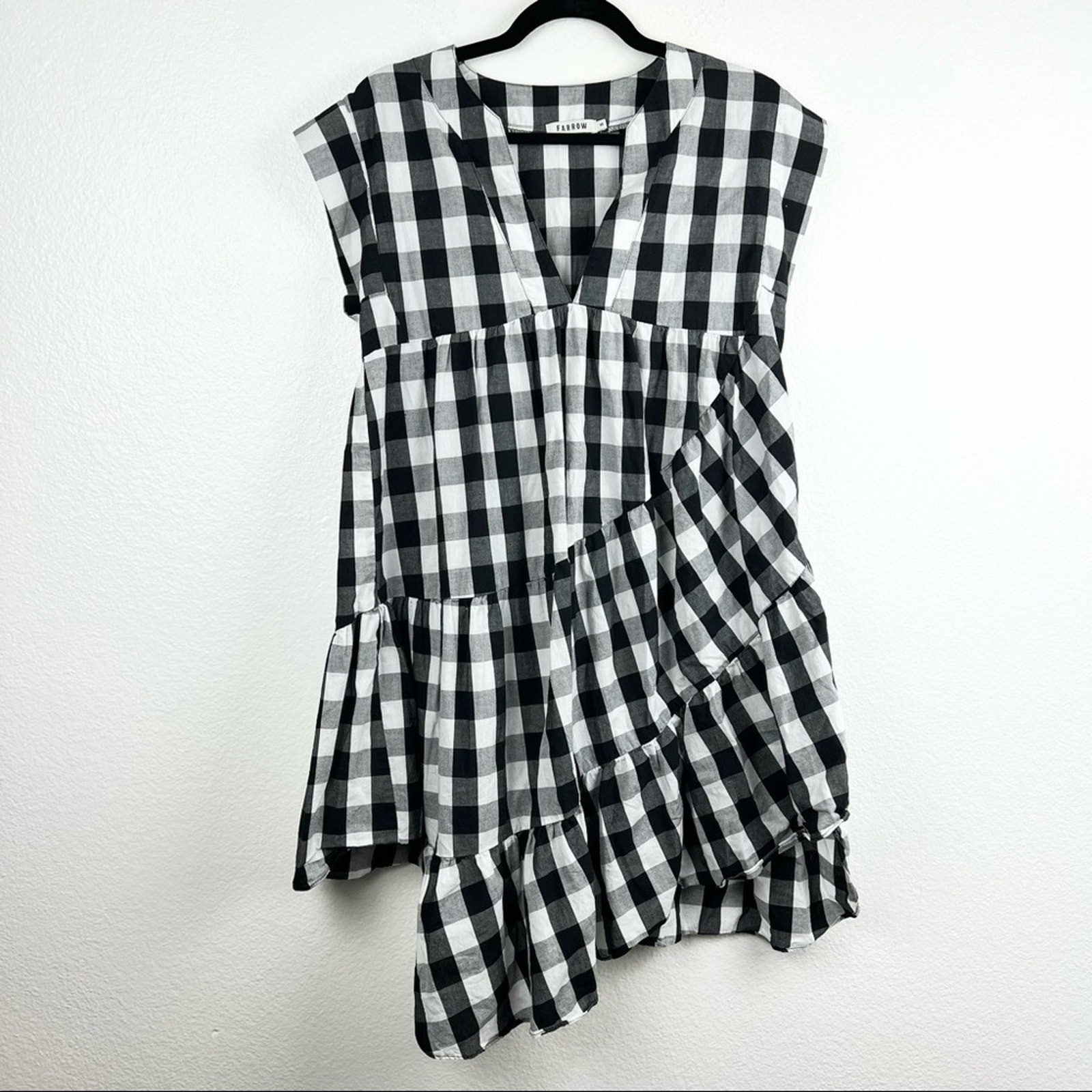 FARROW Chaumont Dress in Black and White Buffalo Check, Asymmetrical Hem, Size S
