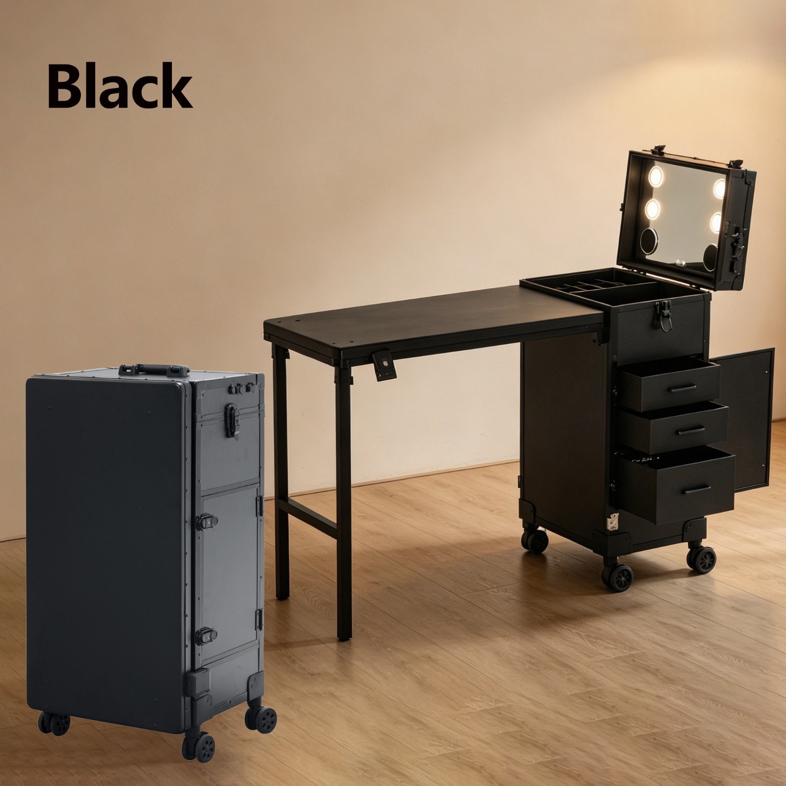 Rolling Nail Manicure Station w/ LED Mirror, Portable Salon Table & Storage