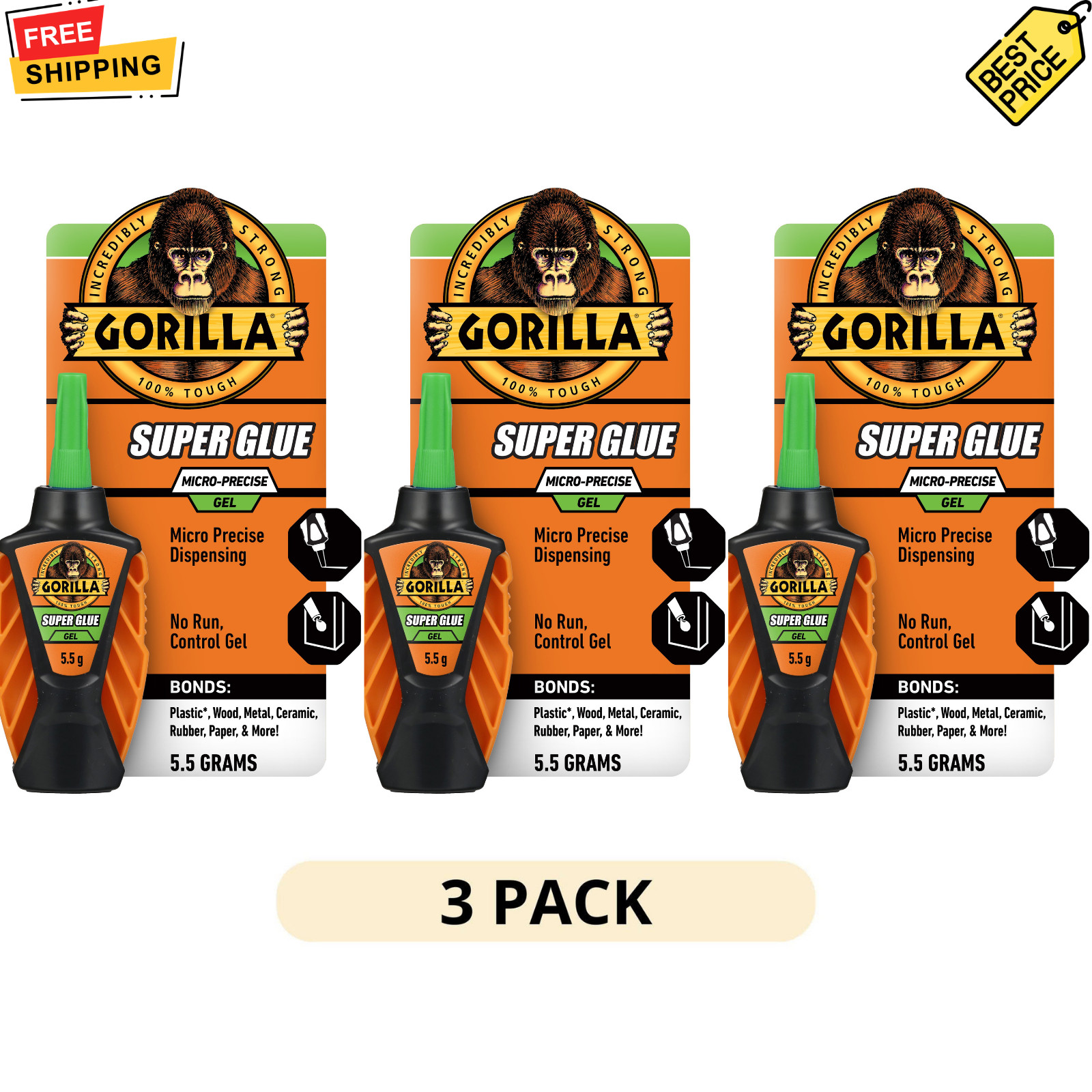 3 Pack Gorilla Micro Precise 5 Gram Gel Super Glue Adhesive