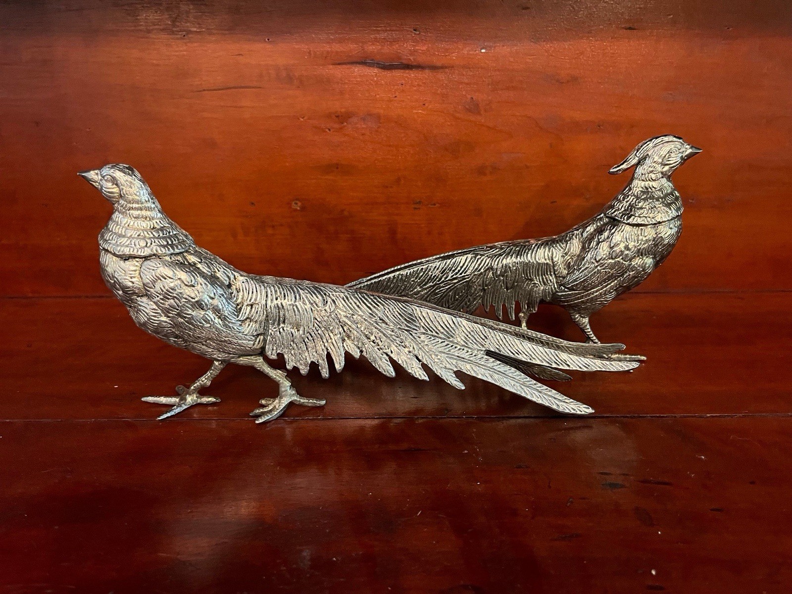 Vintage Alpaca Silver Italy Pair of Pheasants Art Figurine Statues Vintage Alpaca Silver Italy Pair of Pheasants Art Figurine Statues