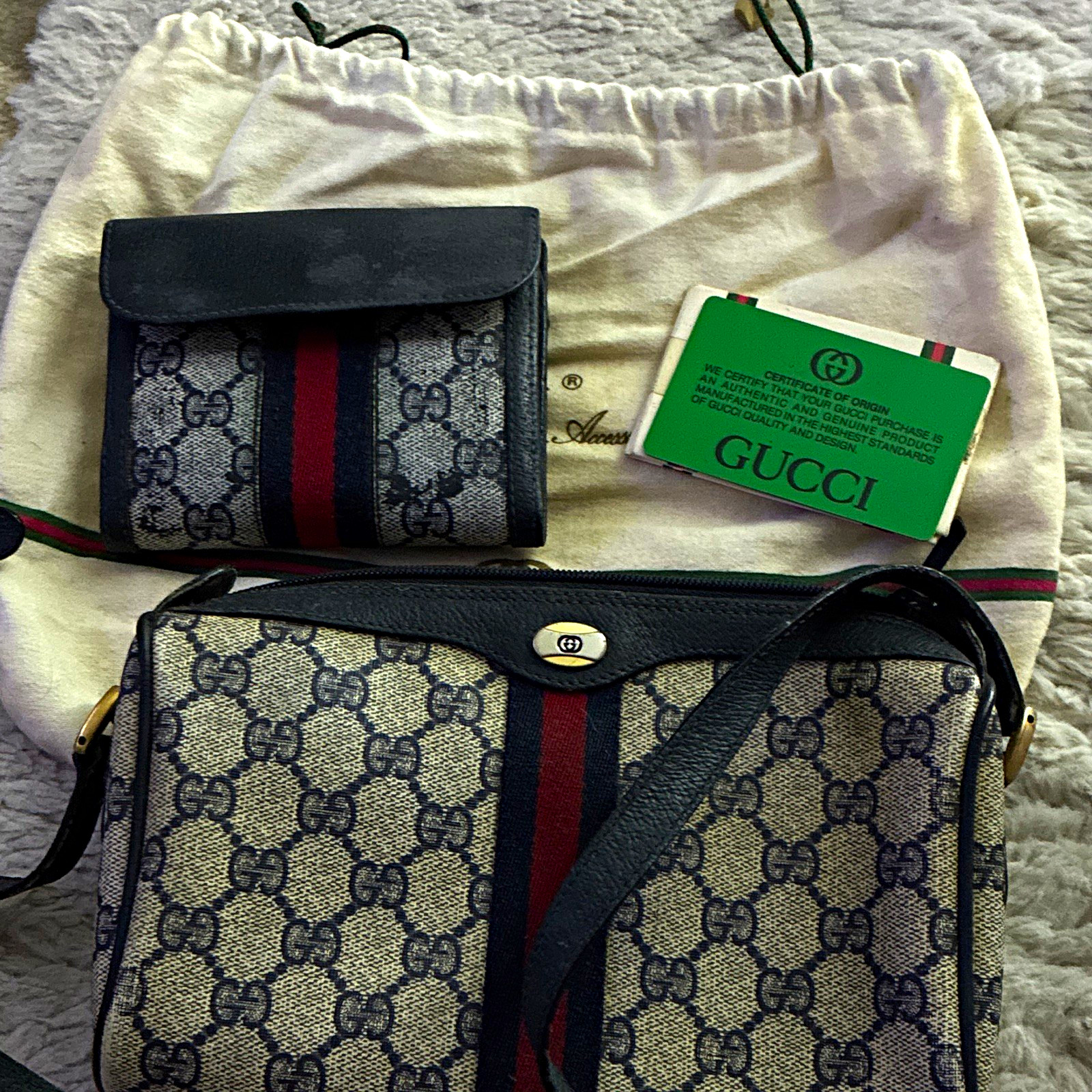 Gucci GG Supreme Web Stripe Crossbody Bag + Wallet Set, Dust Bag, Small