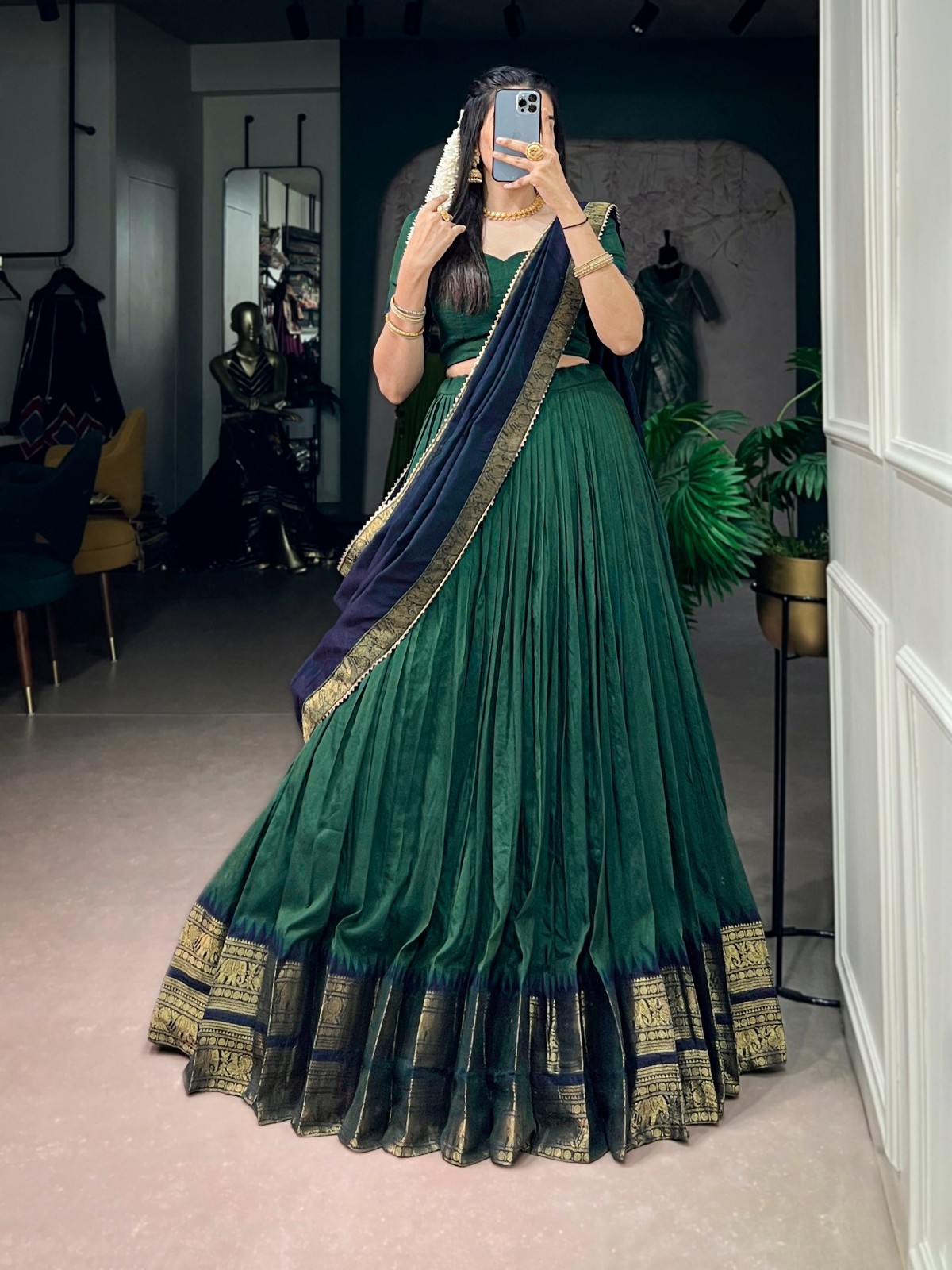 Traditional South Indian Lehenga Choli Zari Border Dupatta Festive Wear
