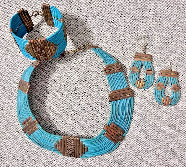 Vtg Alexis Kirk Leather Tribal Collar Necklace Bracelet Earrings Set Art to Wear