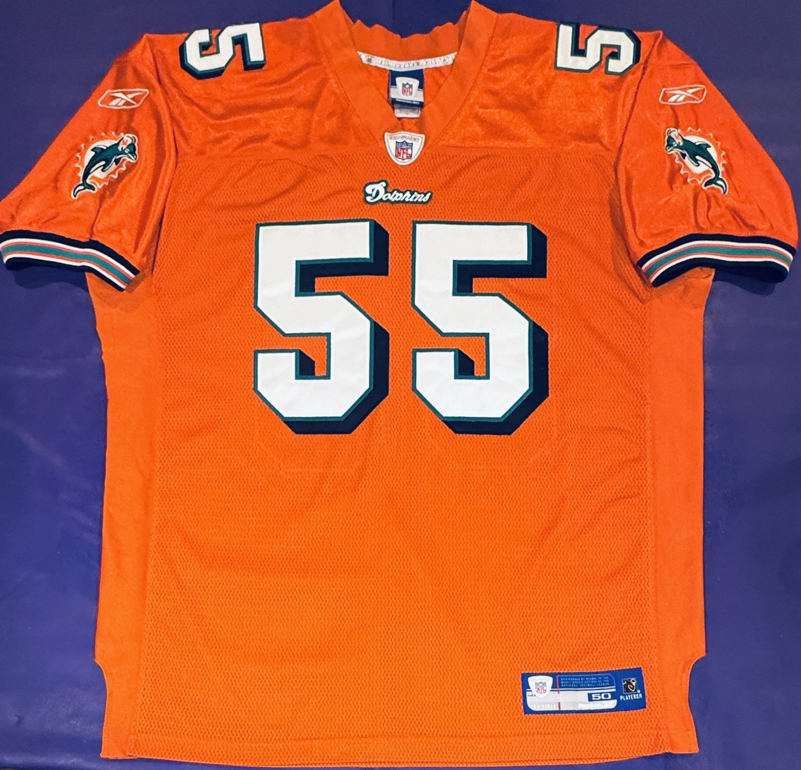 Authentic Junior Seau #55 Miami Dolphins Vintage 00s On Field Reebok Jersey 50