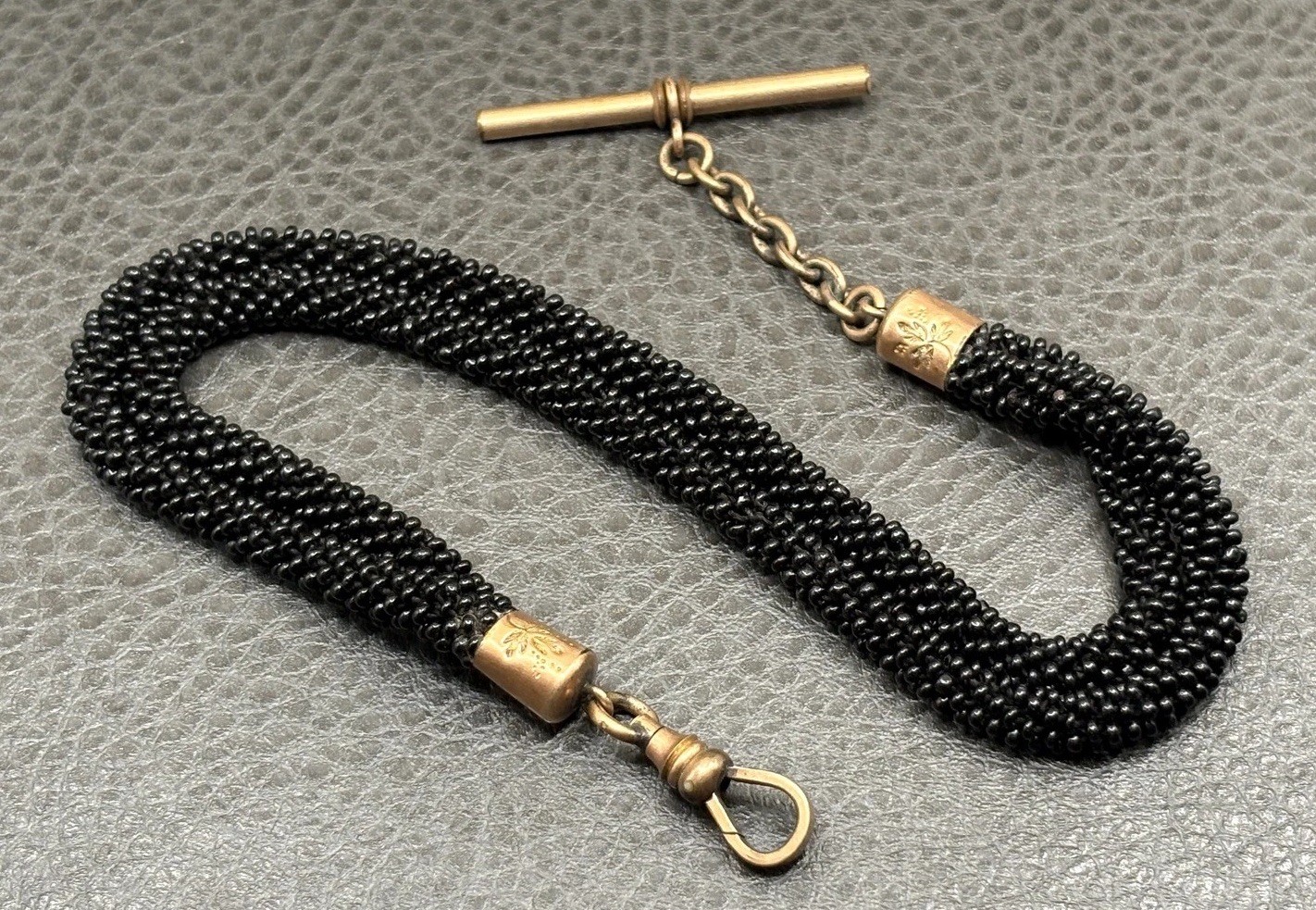 VTG Victorian Mourning Black Seed Bead Watch Chain Fob Etched Gold Filled T-Bar