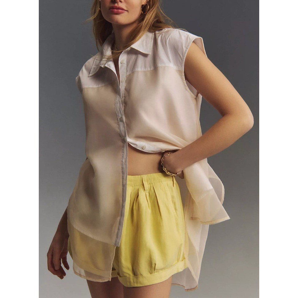 Maeve Anthro Bennet Sleeveless Blouse Small Boho Sheer Mixed Media White Peach