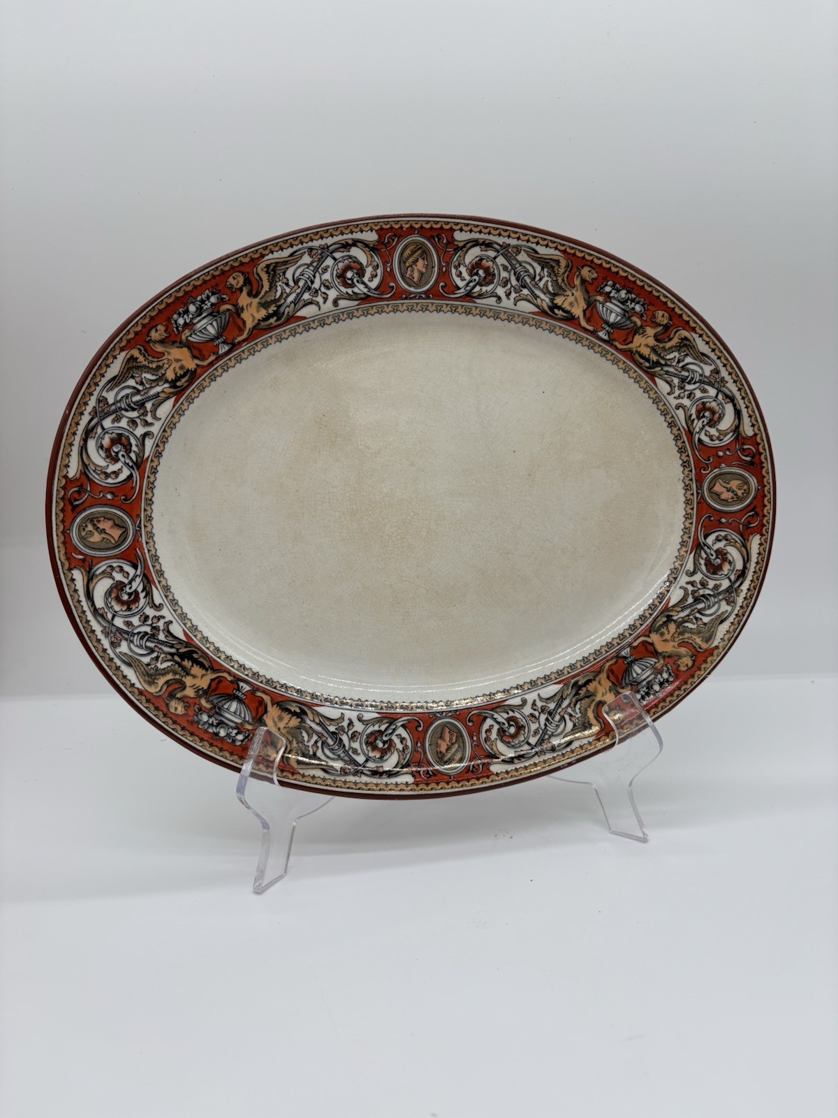 Stained, Crazed Antique Minton Florentine Red Oval Platter Griffins Cameos