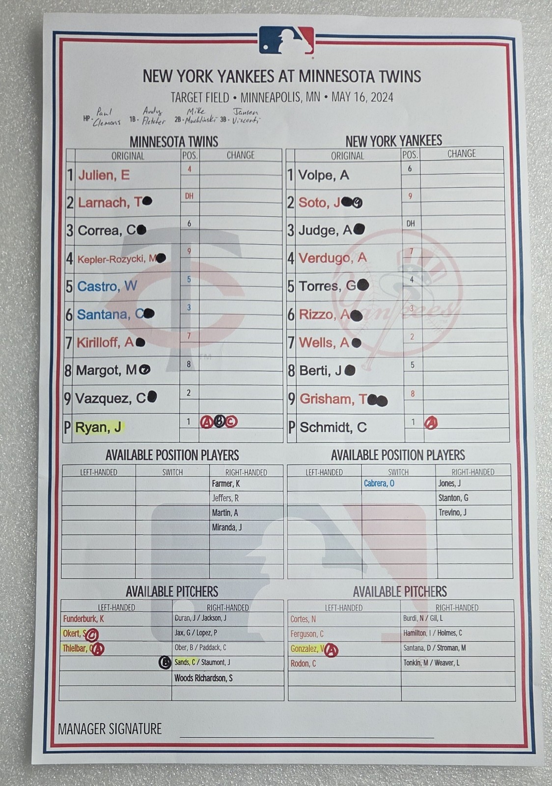 YANKEES TWINS MLB GAME-USED LINEUP CARD MAY 16 2024 BASEBALL HAS BENDS NEW YORK YANKEES TWINS MLB GAME-USED LINEUP CARD MAY 16 2024 BASEBALL HAS BENDS NEW YORK