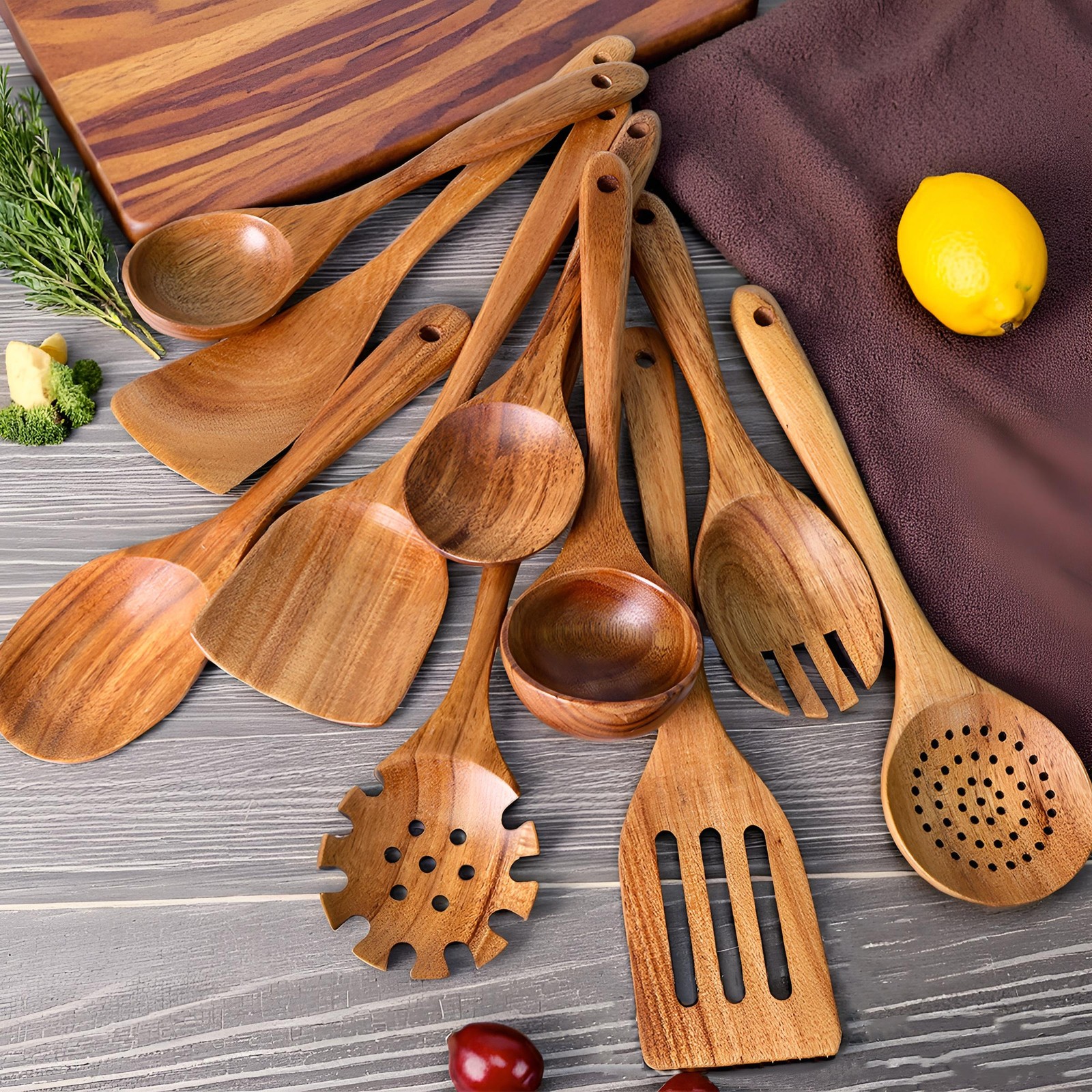 10PCS Wooden Cooking Utensils Set Kitchen Spoons Natural Wood Spatula Tools