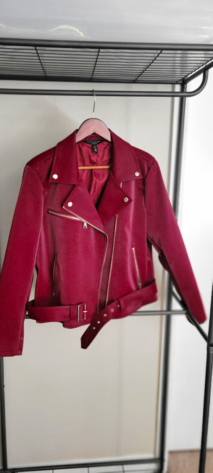 Baccini Burgundy Biker Moto Jacket Asymmetrical Zip Belted Lined Size L