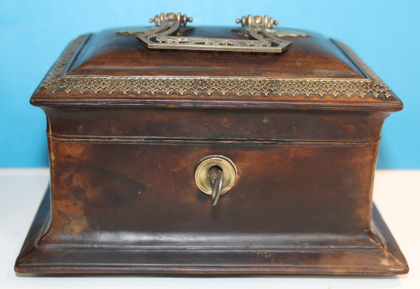 Antique French Napoleon III Wood Brass Leather Jewelry Sewing Box Vanity Casket