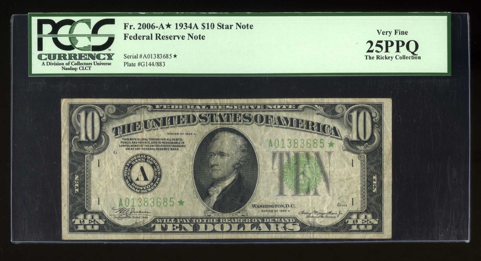 DBR 1934-A $10 FRN STAR Boston Fr. 2006-A* PCGS 25 PPQ Serial A01383685*