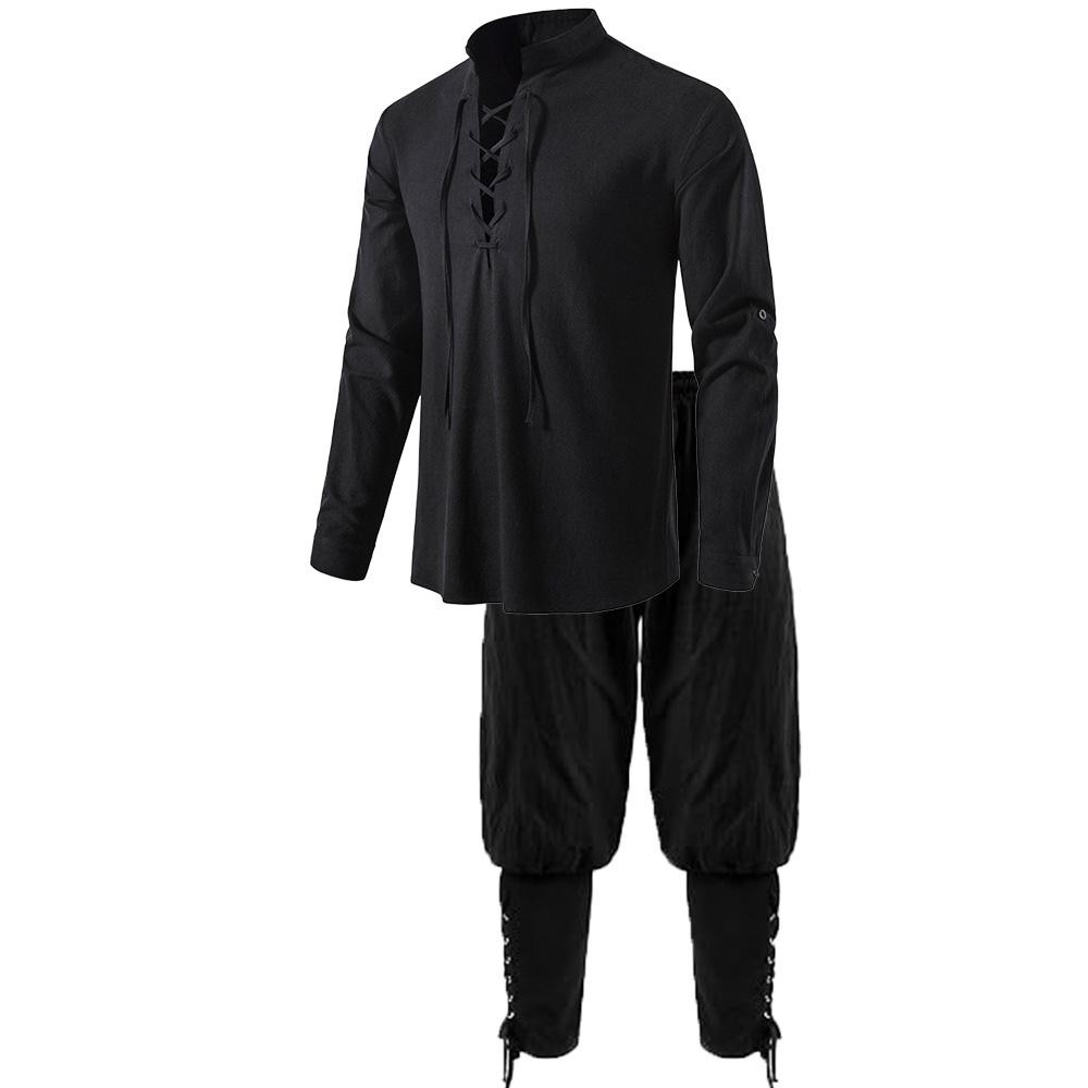 Men's Medieval Renaissance Pirate Shirt & Ankle Banded Pants 2-Piece Costume Set
