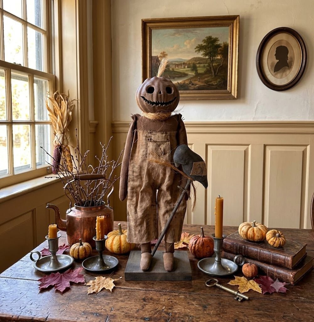 Primitive Handcrafted Halloween Jack-O Lantern Doll on Stand 18\