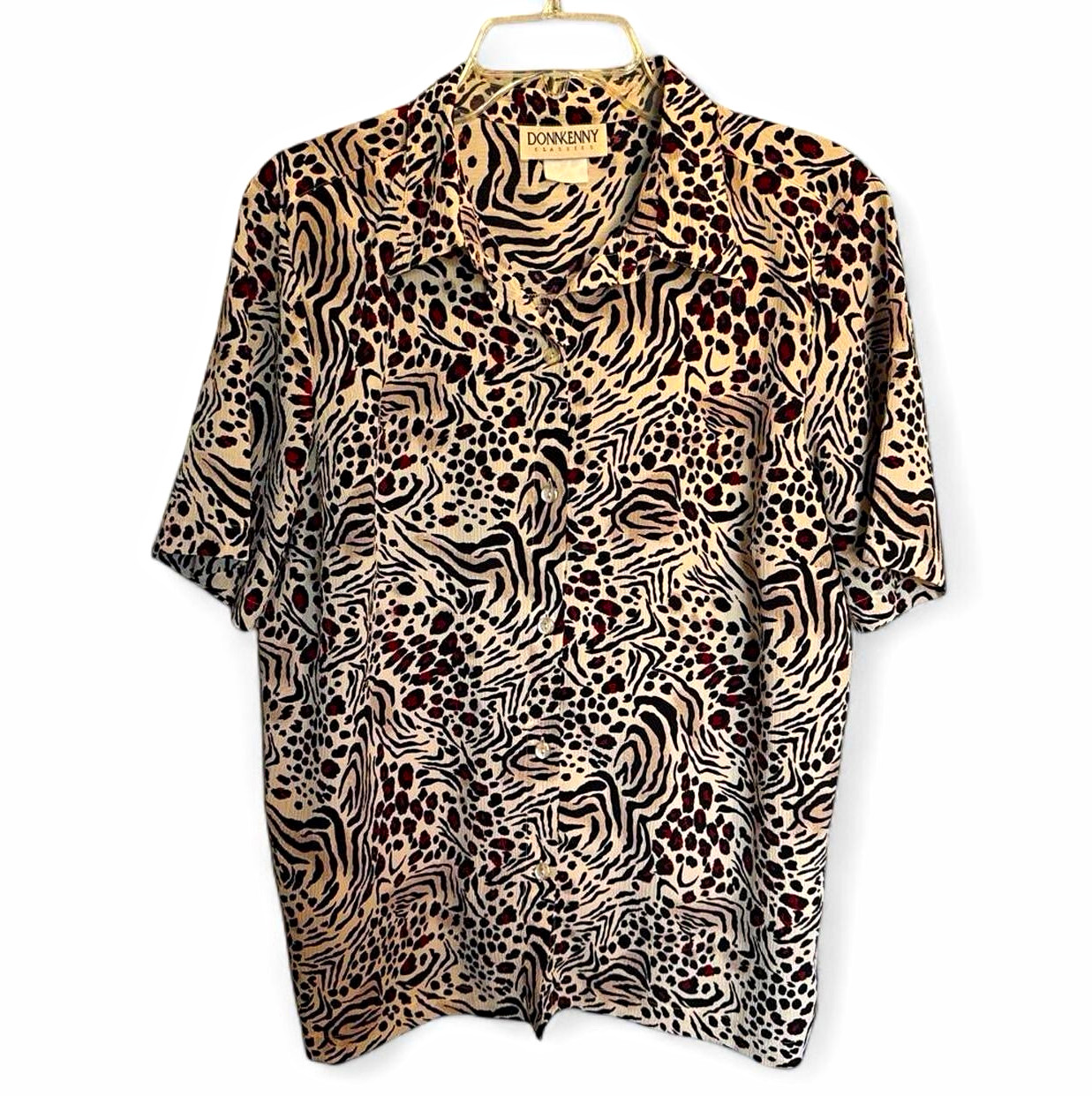 Donnkenny Women’s L Beige Cheetah Animal Print Collared Short Sleeve Blouse Donnkenny Women’s L Beige Cheetah Animal Print Collared Short Sleeve Blouse