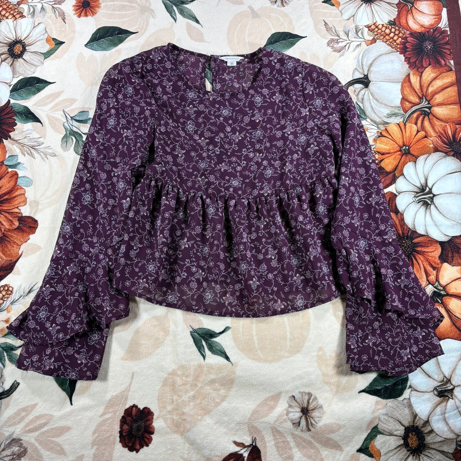 Y2K Aeropostale Floral Print Long Sleeve Ruffle Peplum Blouse Womens Purple XS