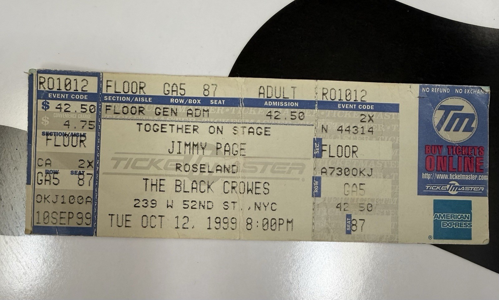 JIMMY PAGE LED ZEP FULL UNUSED Concert Ticket Stub 10/12/99 NYC ROSELAND RARE JIMMY PAGE LED ZEP FULL UNUSED Concert Ticket Stub 10/12/99 NYC ROSELAND RARE