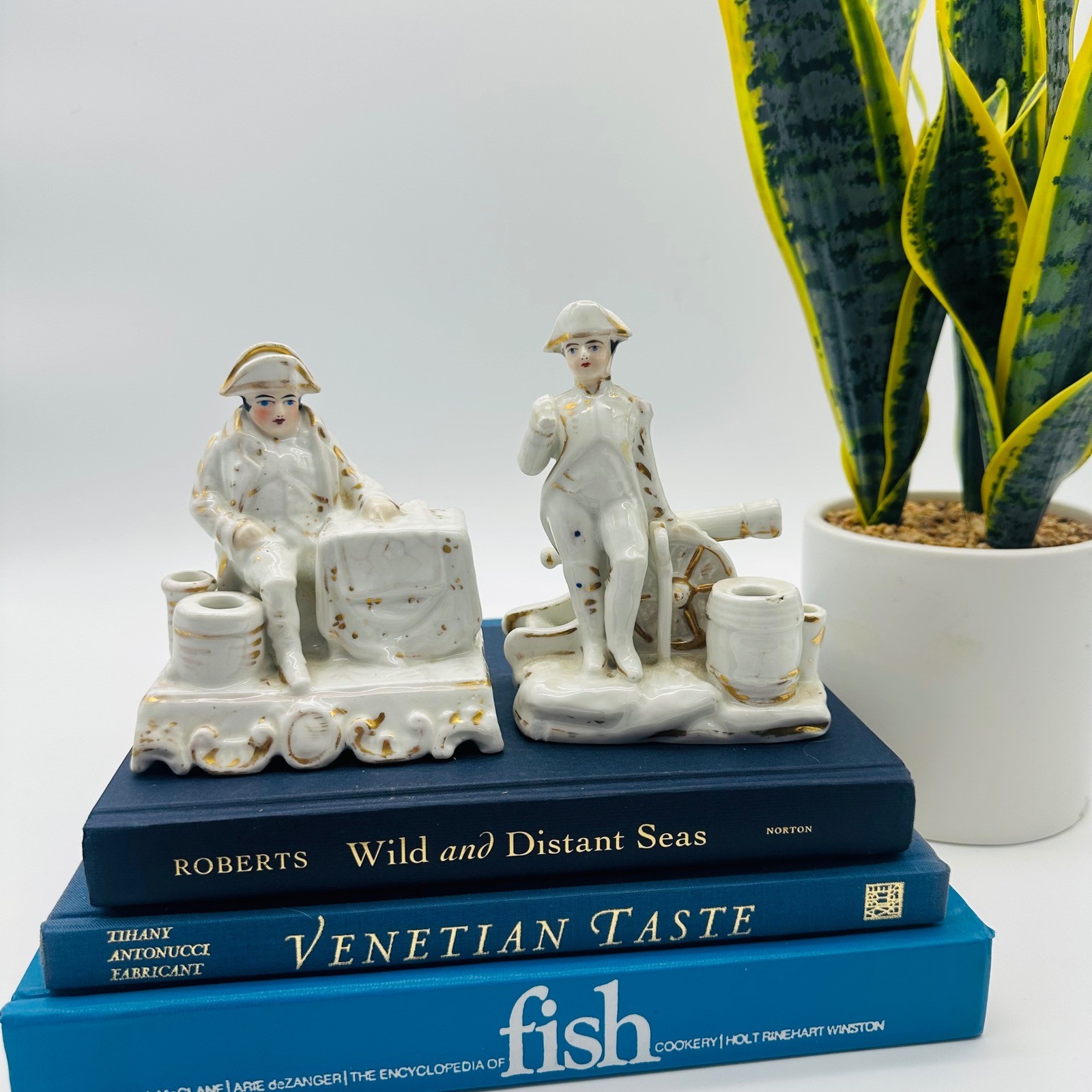 Vintage French Porcelain Napoleon Military Figurines Gold Gilt Inkwell Set of 2
