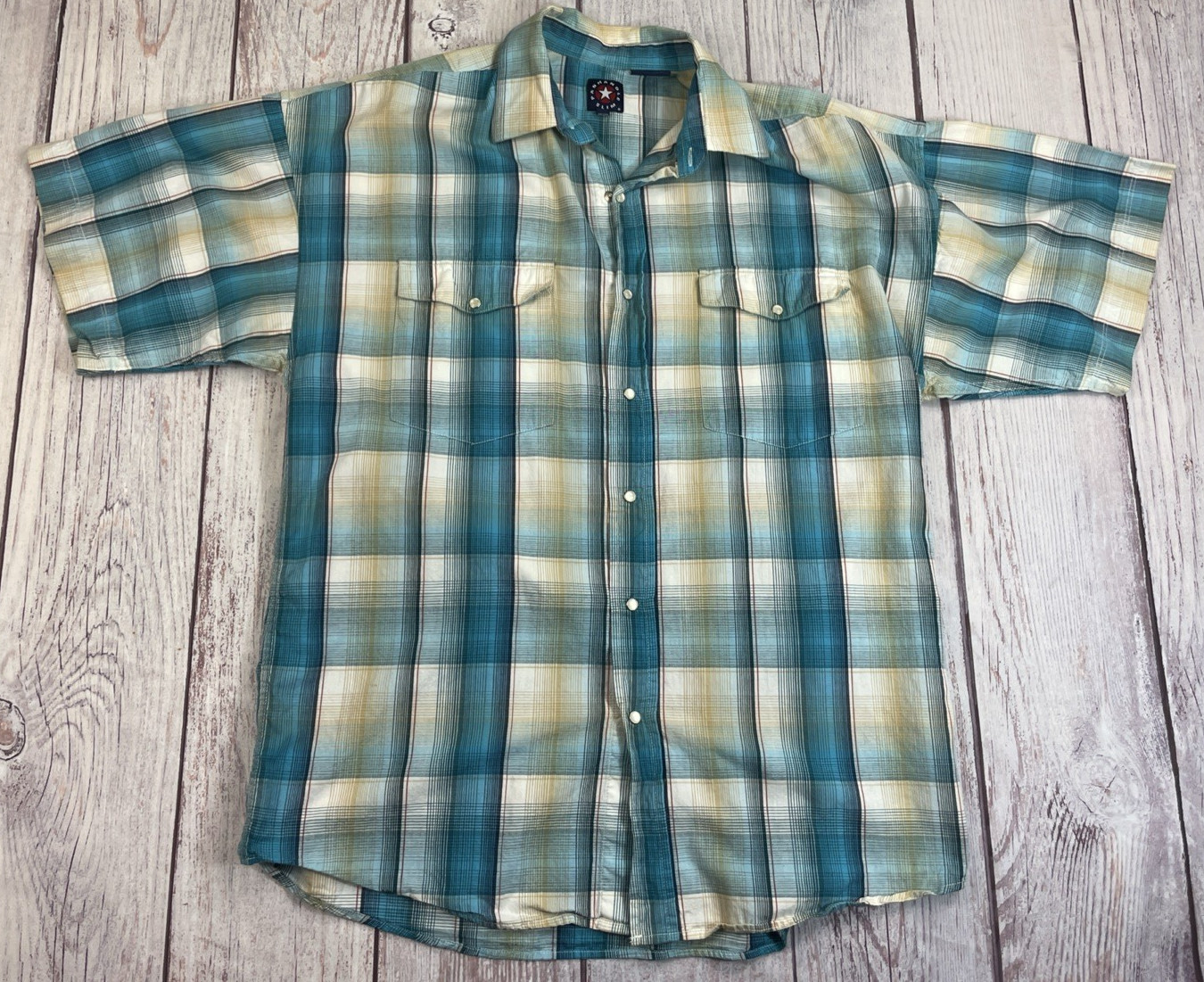 Vintage 80s Panhandle Slim Western Shirt Mens L Yellow Stripe Pearl Snap USA
