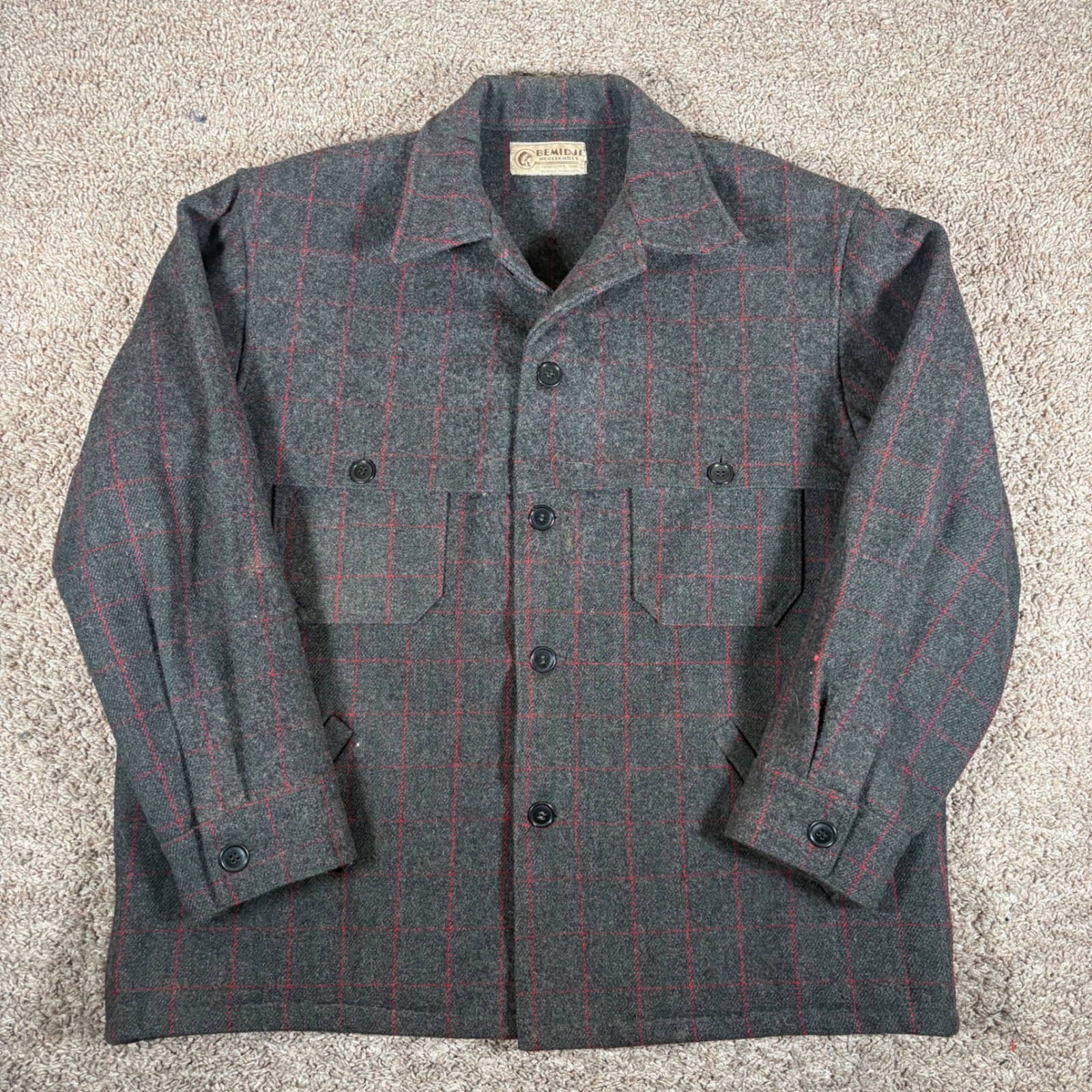 Bemidji Woolen Mills Mens Gray Red Windowpane Wool Cruiser Jacket Made in USA