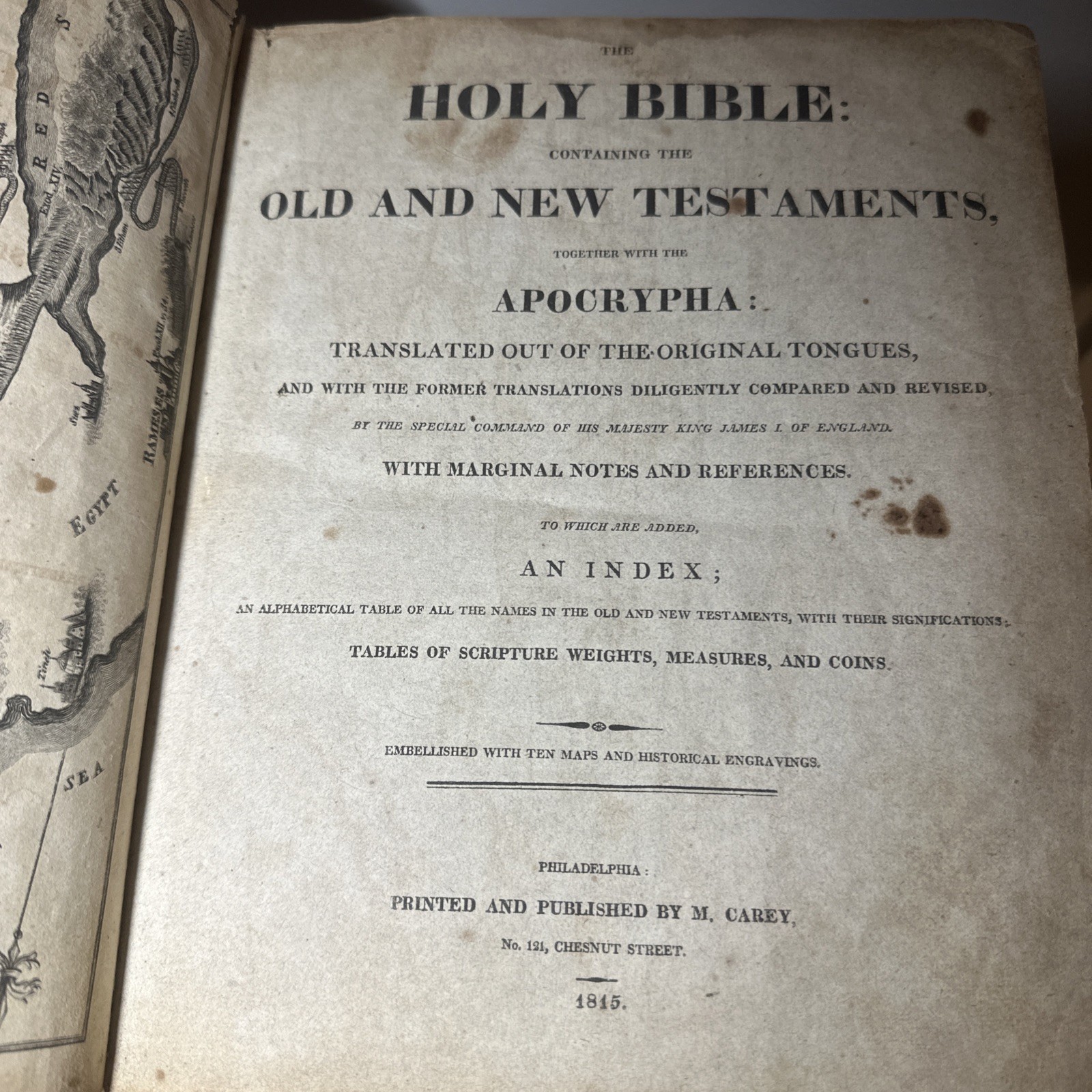 Antique 1815 HOLY BIBLE Leather Apocrypha M. Carey Published Family archive 