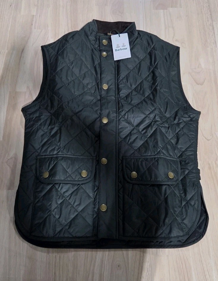 Barbour Men\'s Olive Green Lowerdale Quilted Gilet Full Zip Vest Sz Large