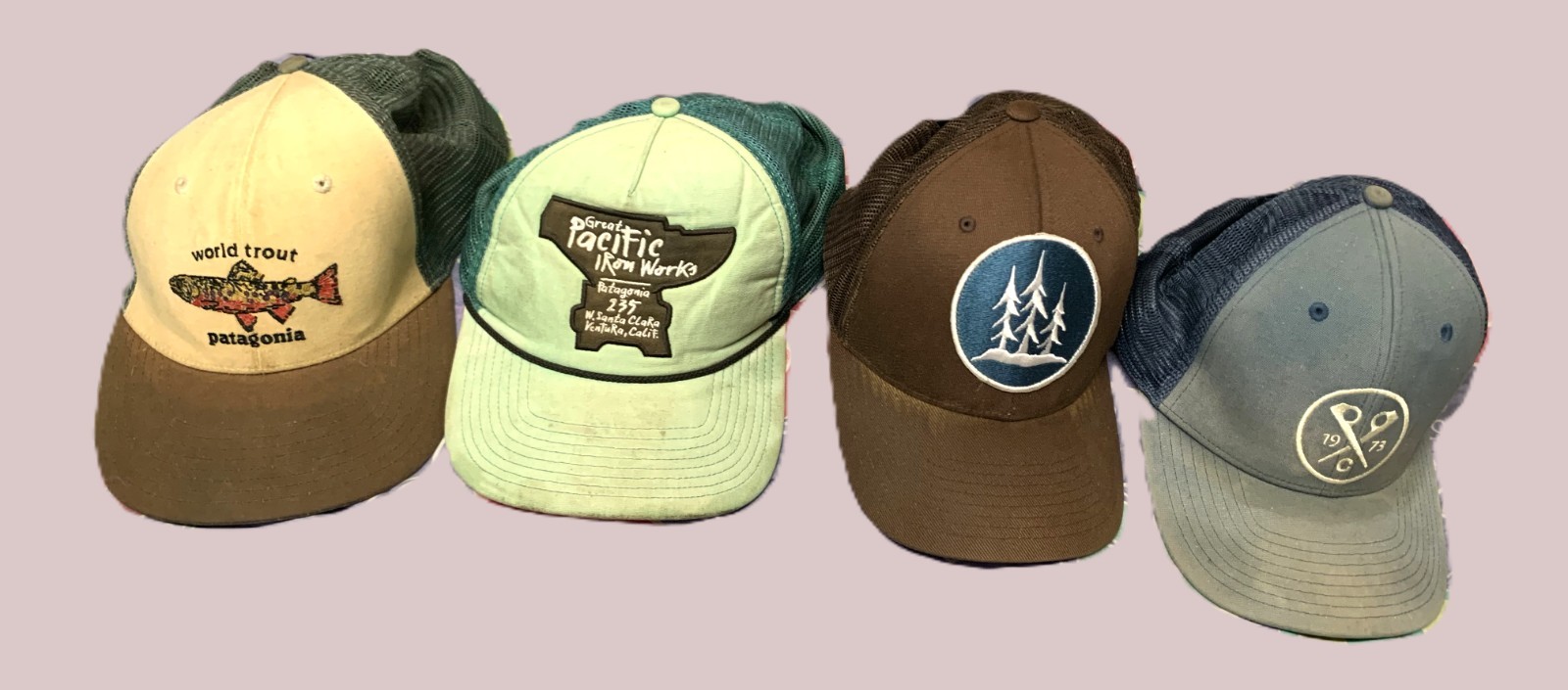 4 Patagonia Truckers Hats - World Trout, Pacific Iron Works, 3 Trees, Chouinard
