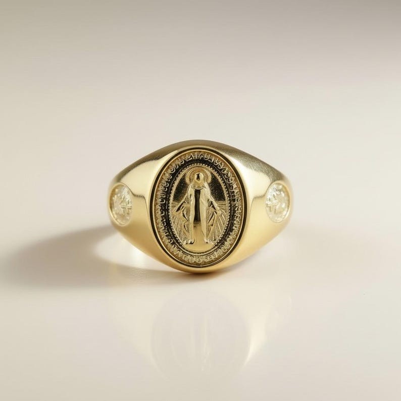 Silver Gold Plated Miraculous Medal Signet Ring Virgin Mary Catholic Statement