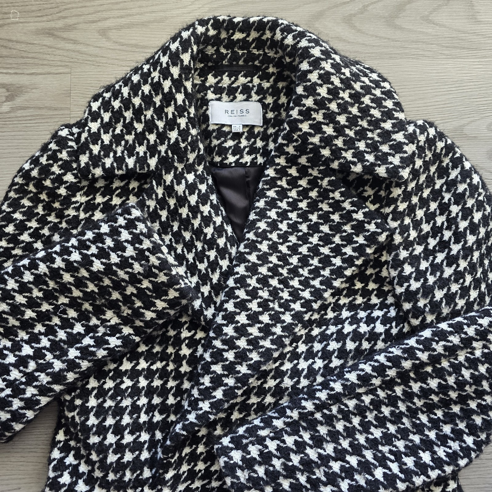 Reiss Celia Puppytooth Check Wool Alpaca Blend Long Overcoat Jacket Size 2 Black