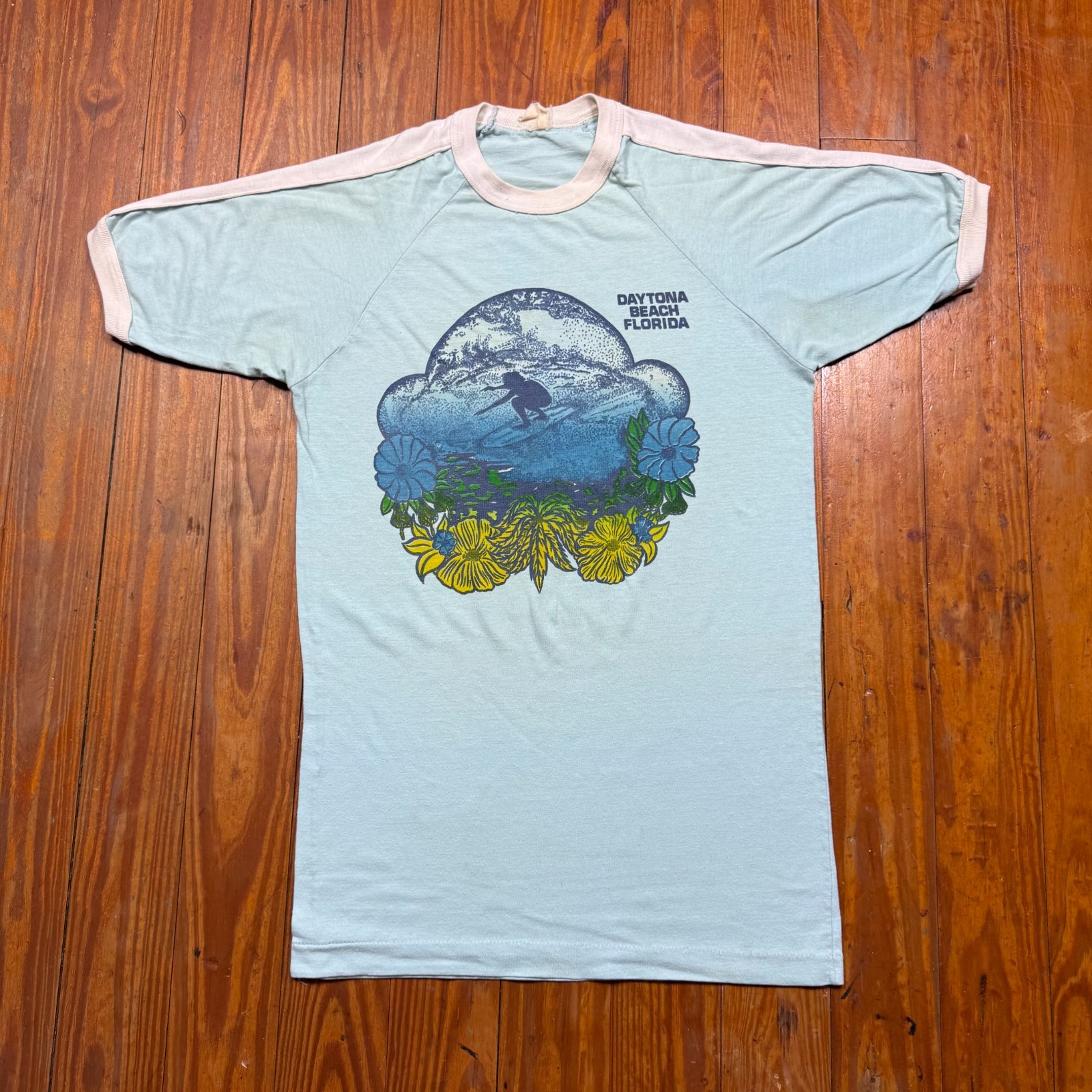 Vintage Daytona Beach Surf Shirt Mens Size Medium Blue Ringer Florida 80s