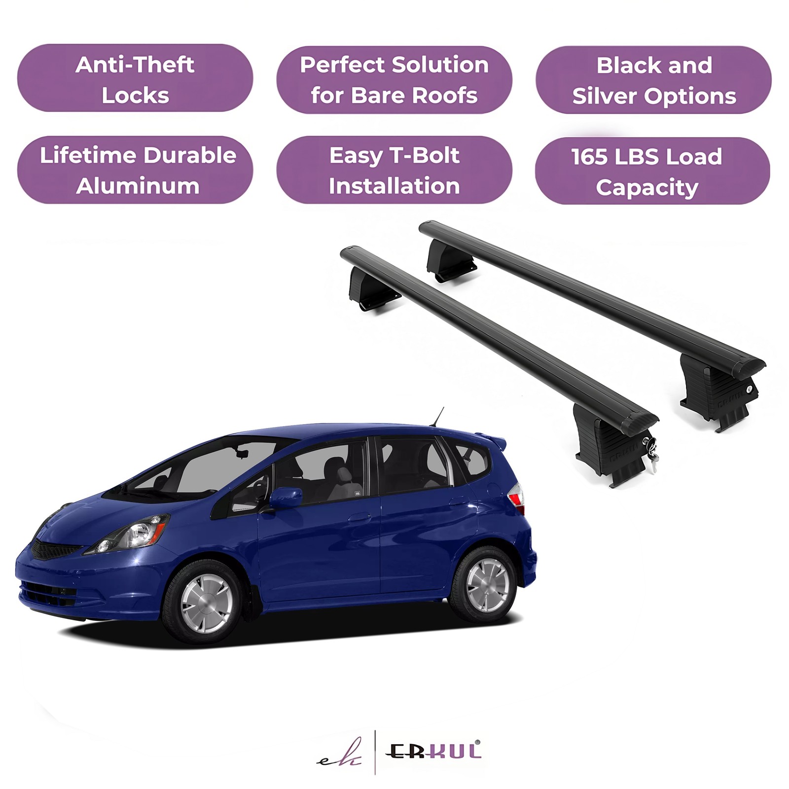ERKUL Roof Rack Crossbars For HONDA FIT 2009-2014 Naked Roof Aluminum Black