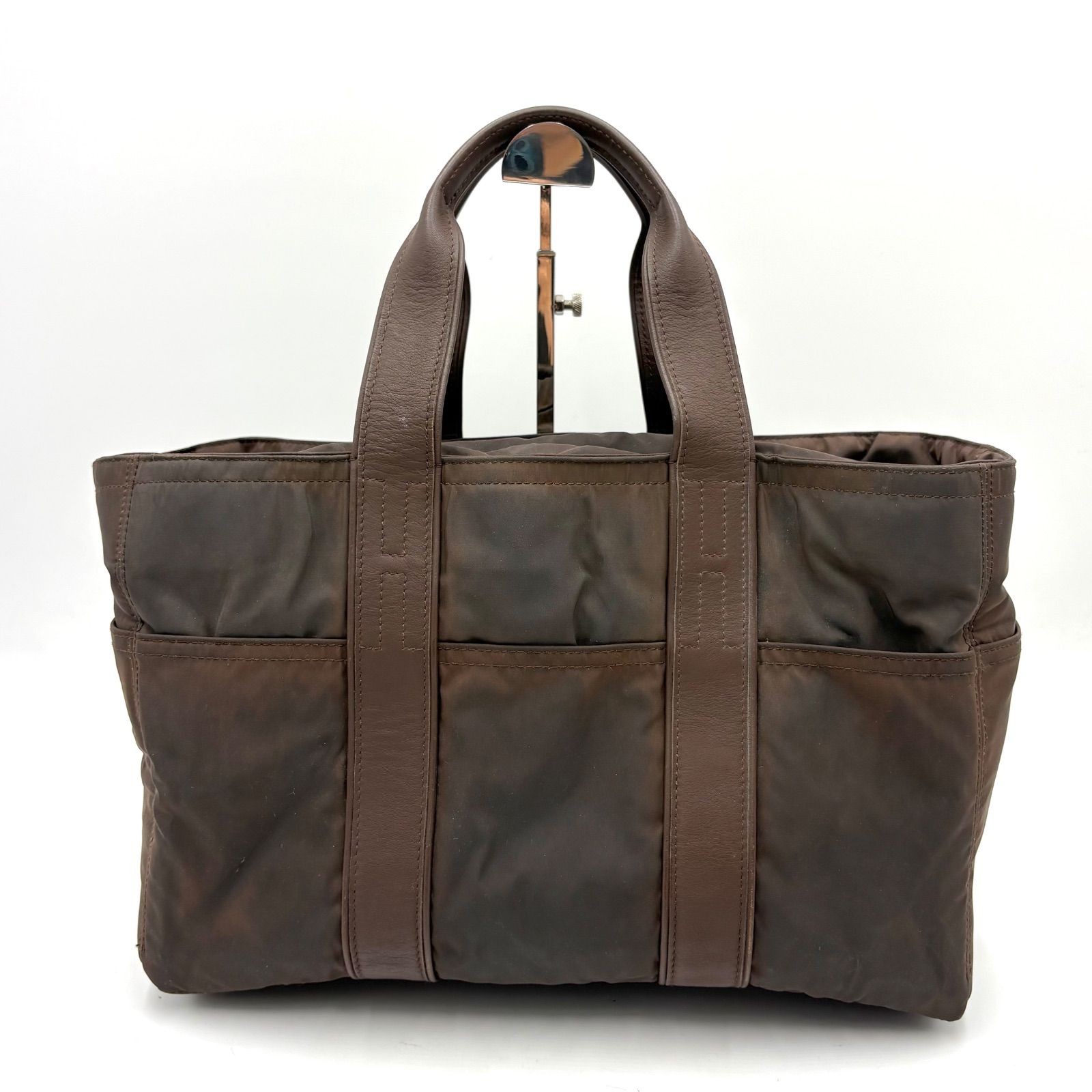 Auth HERMES Acapulco PM Handbag/Tote Bag, Brown, Nylon and Leather 3Y545