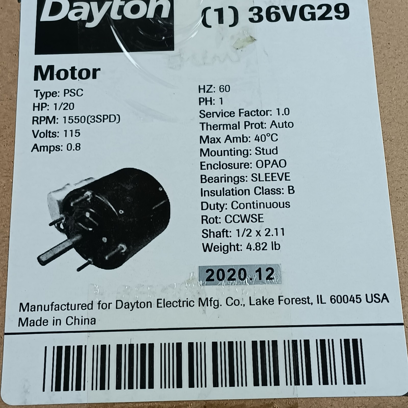 DAYTON 36VG29 HVAC MOTOR 1/20 HP-115V-1550 RPM (3SPD) Type PSC 0.8 A DAYTON 36VG29 HVAC MOTOR 1/20 HP-115V-1550 RPM (3SPD) Type PSC 0.8 A
