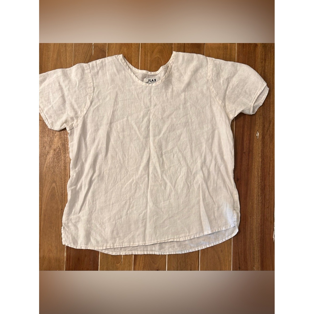 FLAX Jeanne Englehart White 100% Linen Short Sleeve Relaxed Top Small