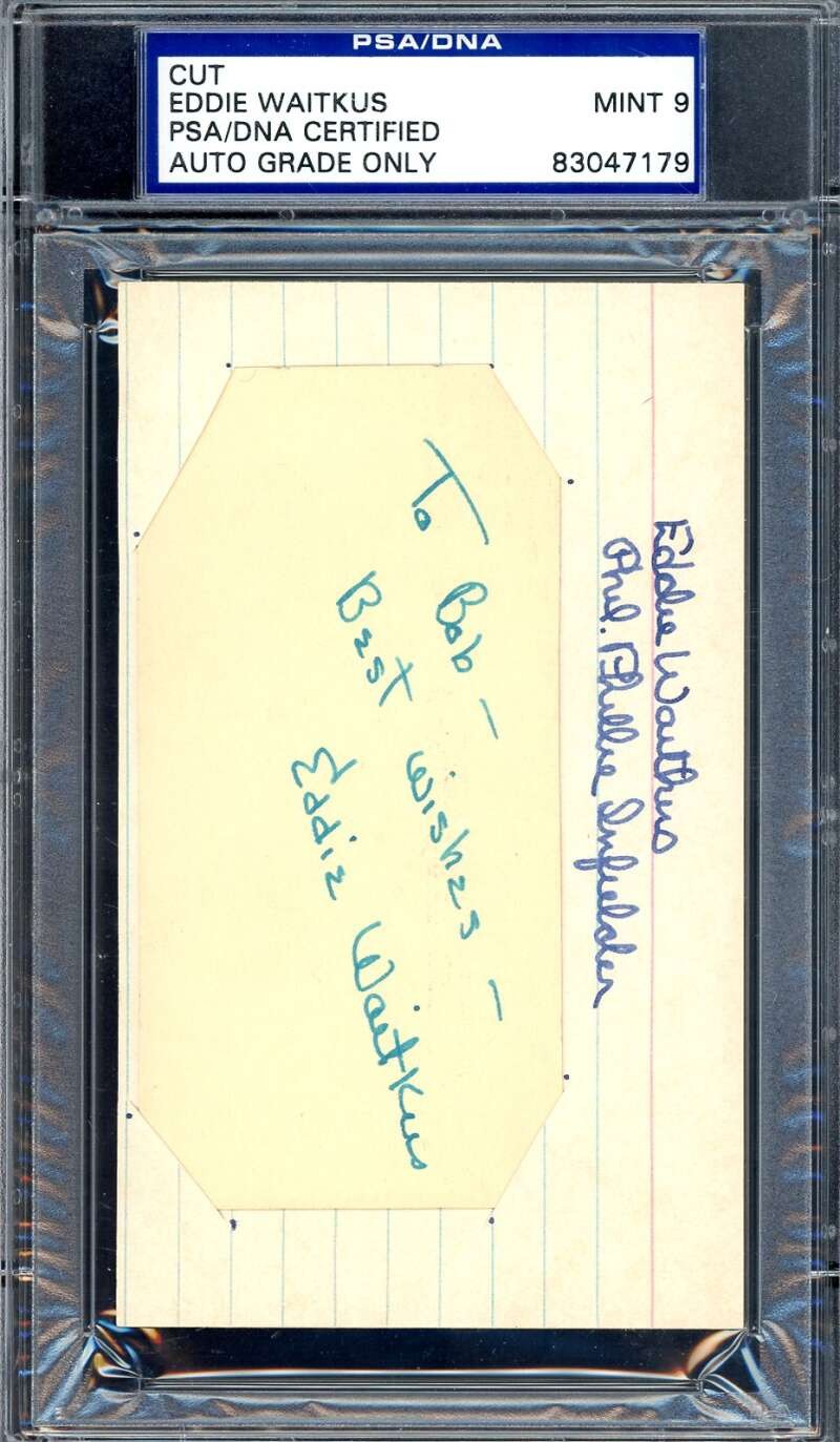 Eddie Waitkus Mint 9 PSA DNA Signed 3x5 Index Card Cut The Natural D.72 Auto