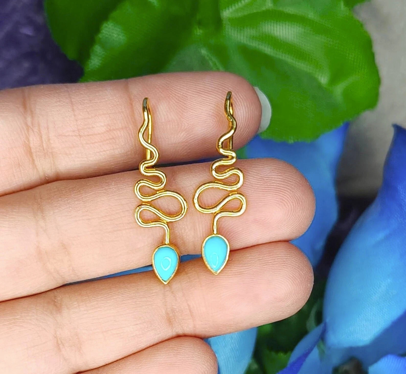 Art Deco 18K Yellow Gold Over Curling Snake Sleeping Beauty Turquoise Earrings