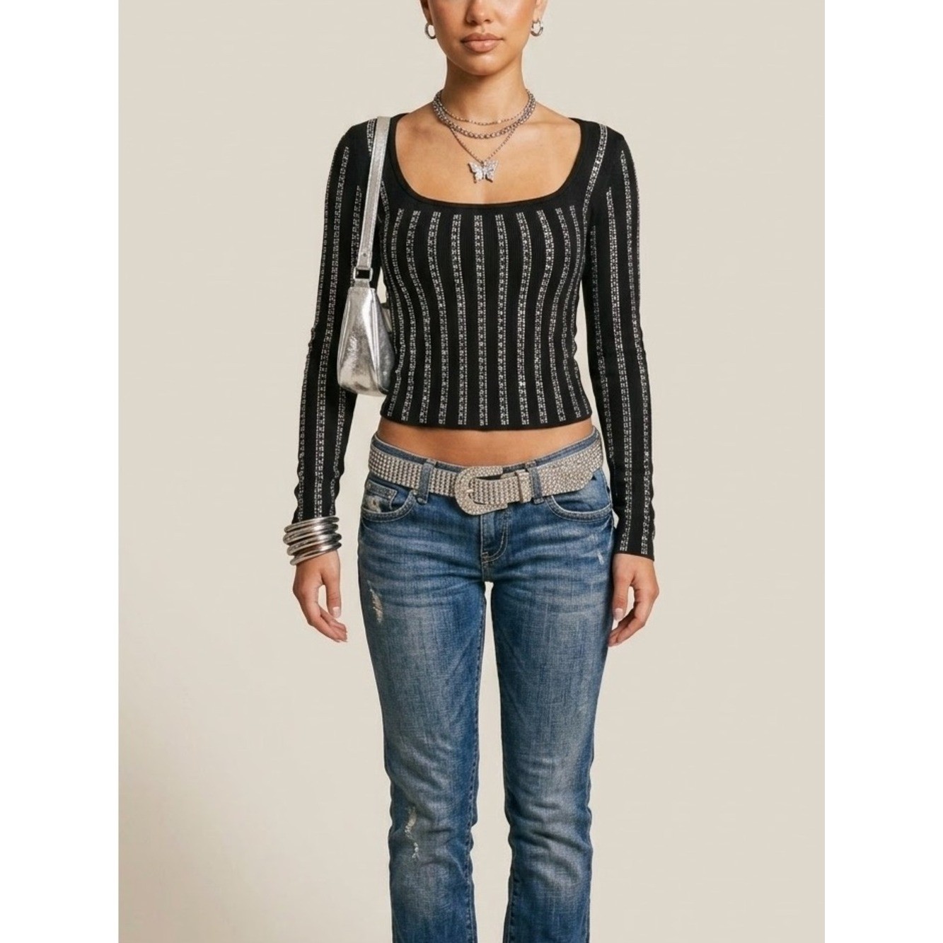Muy Muy Fancy Collection Black Rhinestone Striped Long Sleeve Top S⁠