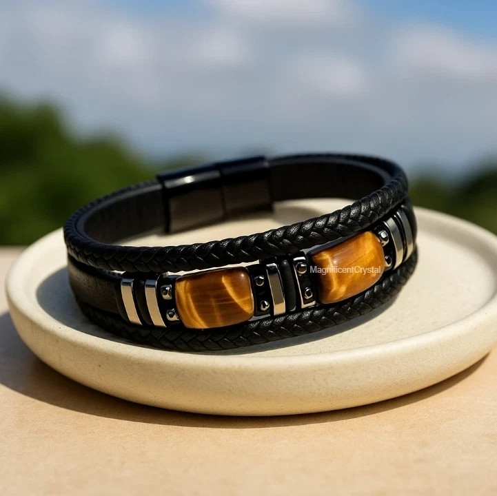 Black Leather Tiger Eye Stone Bracelet Men Jewelry Luxury Gift Healing Gemstones