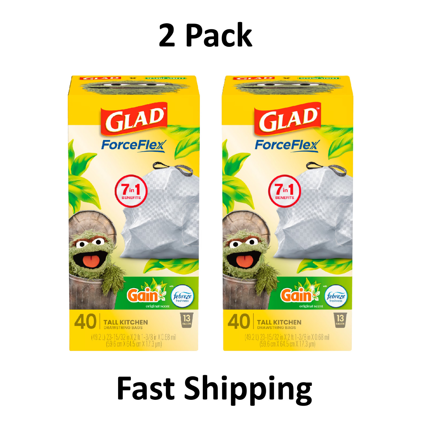 Glad ForceFlex 13 Gallon Tall Kitchen Drawstring Trash Bags Gain Febreze 80 Ct