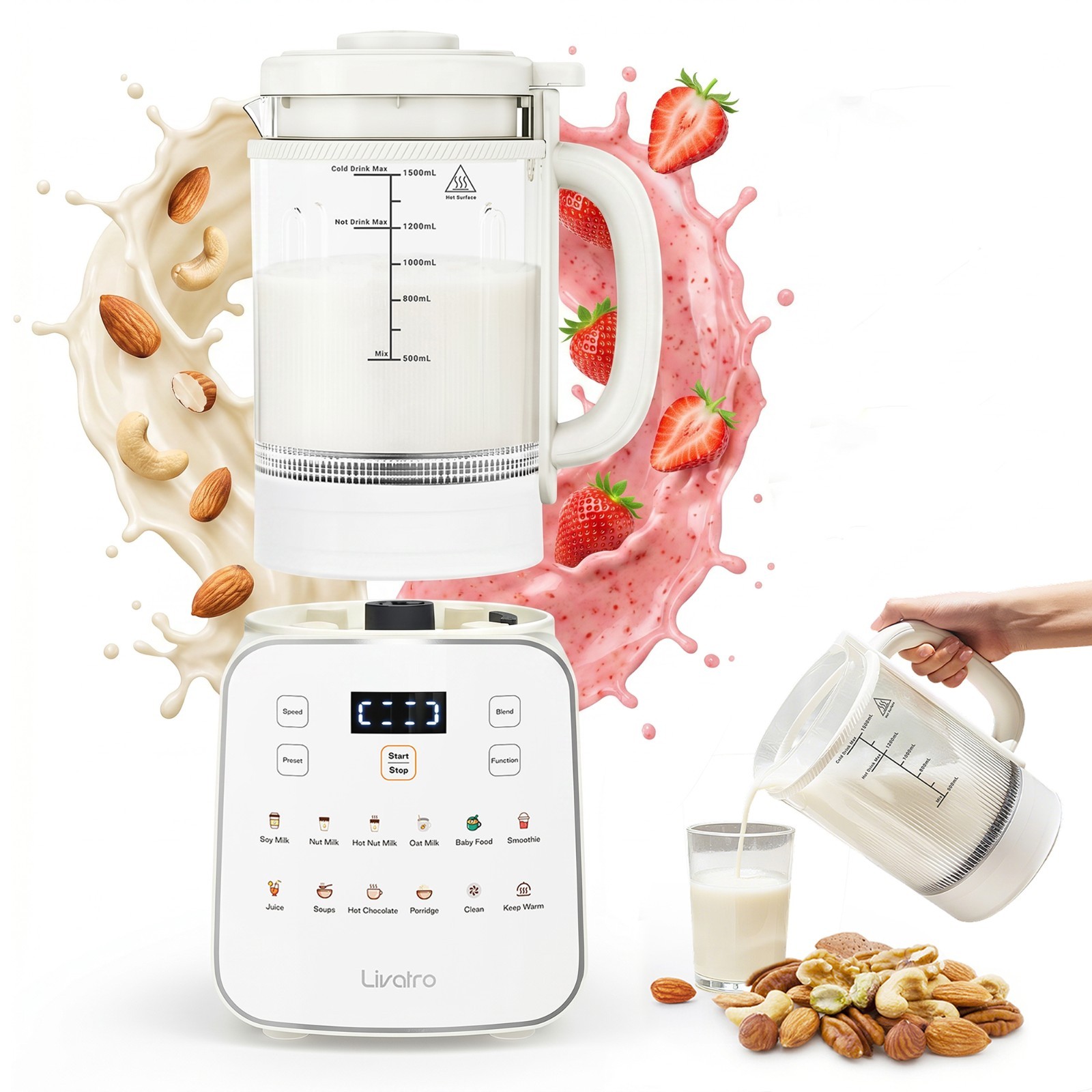 Livatro 50.7oz 12-in-1 Nut Milk Maker – Detachable Glass Jar, Auto-Clean, Delay