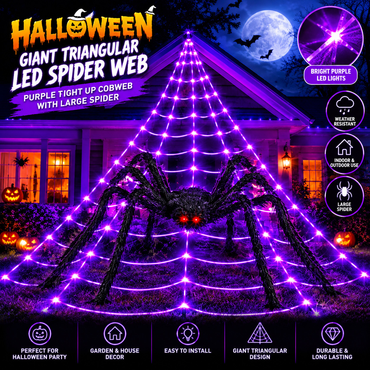 Halloween Giant Spider Web LED Purple Light Up Cobweb Large Spider Outdoor Garde