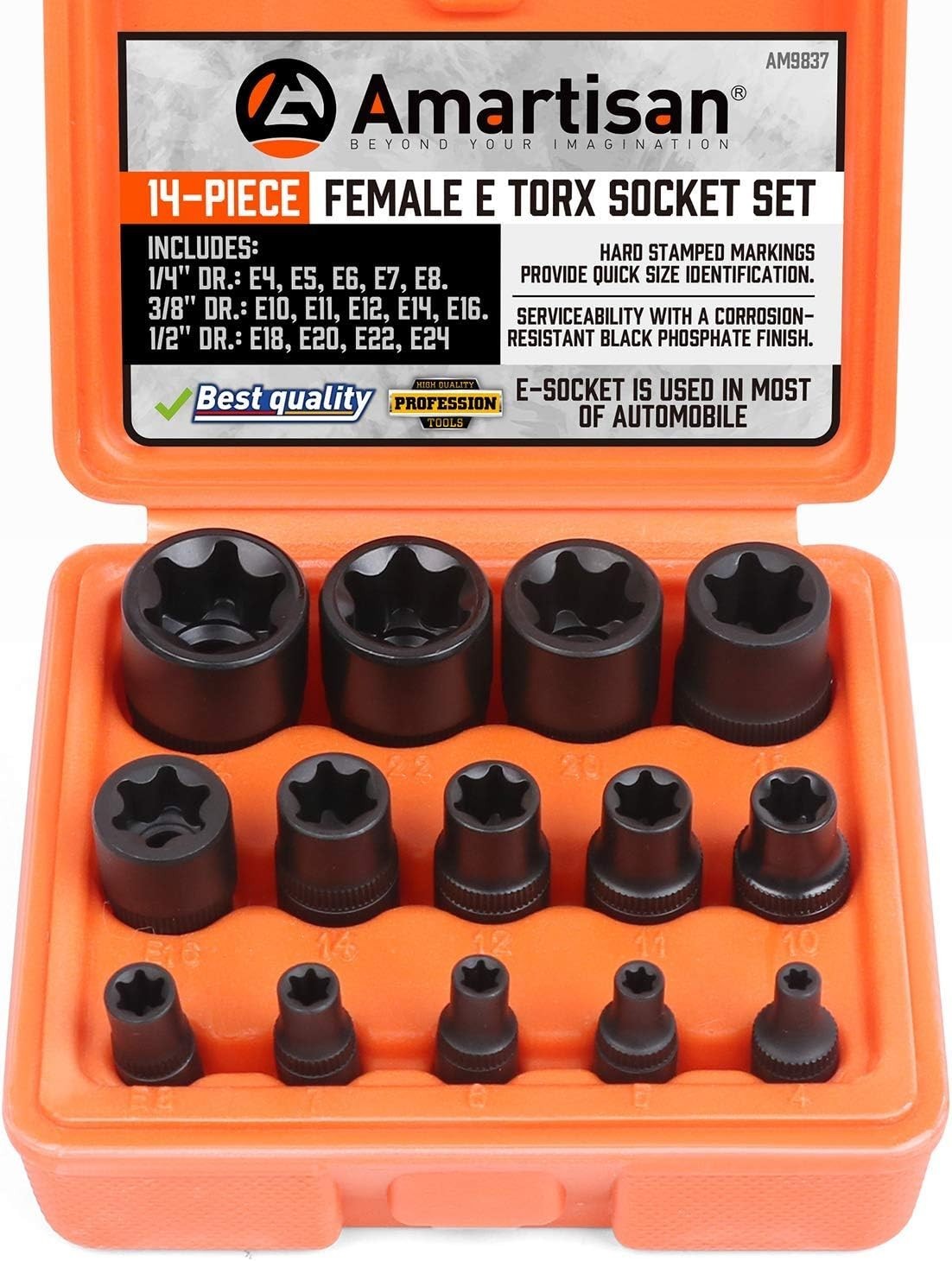 Amartisan 14 Pc Female E-Torx Star Socket Set/Rail, 1/4\