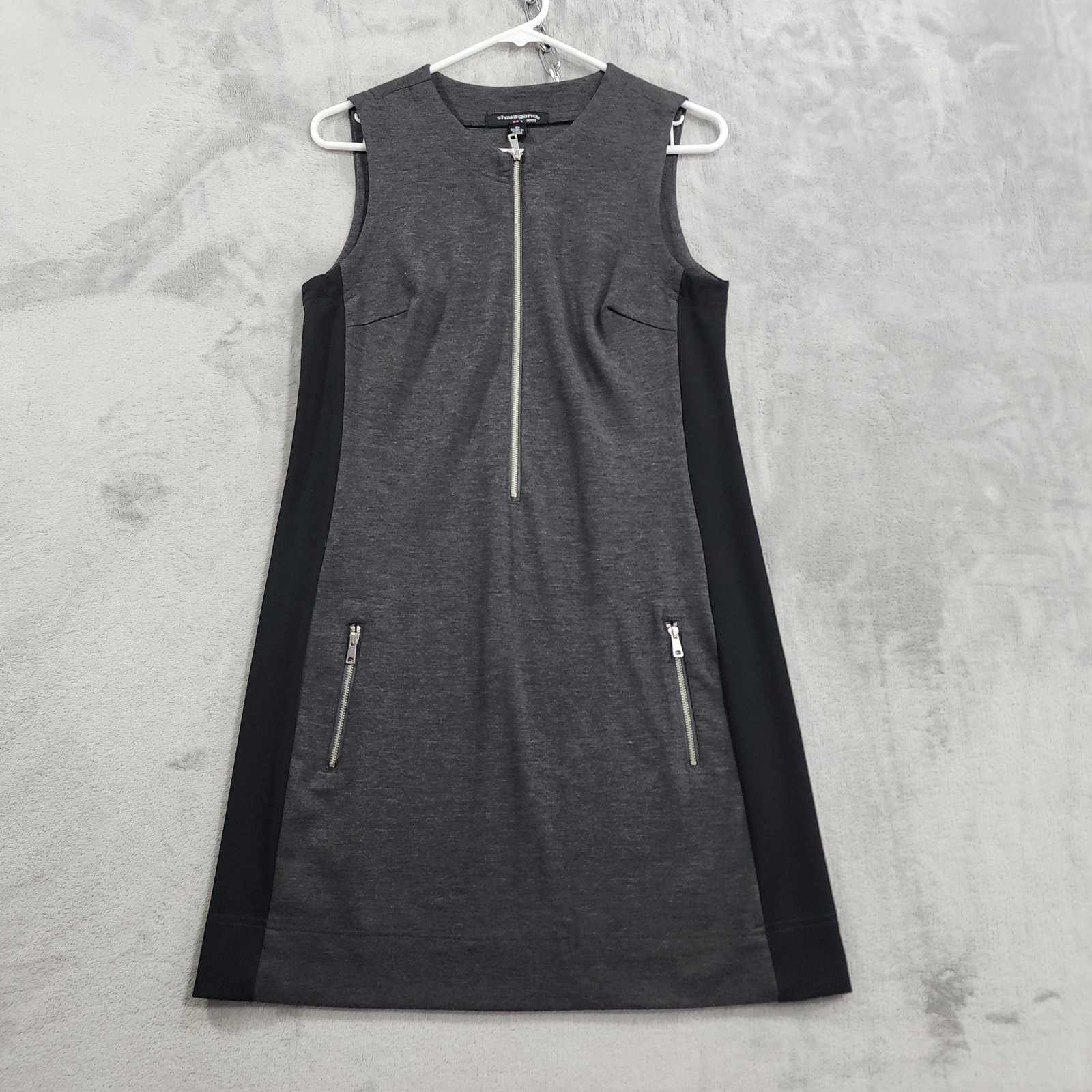 Sharagano Dress Womens 4P PETITE Gray Colorblock Zip Front Pockets Sleeveless
