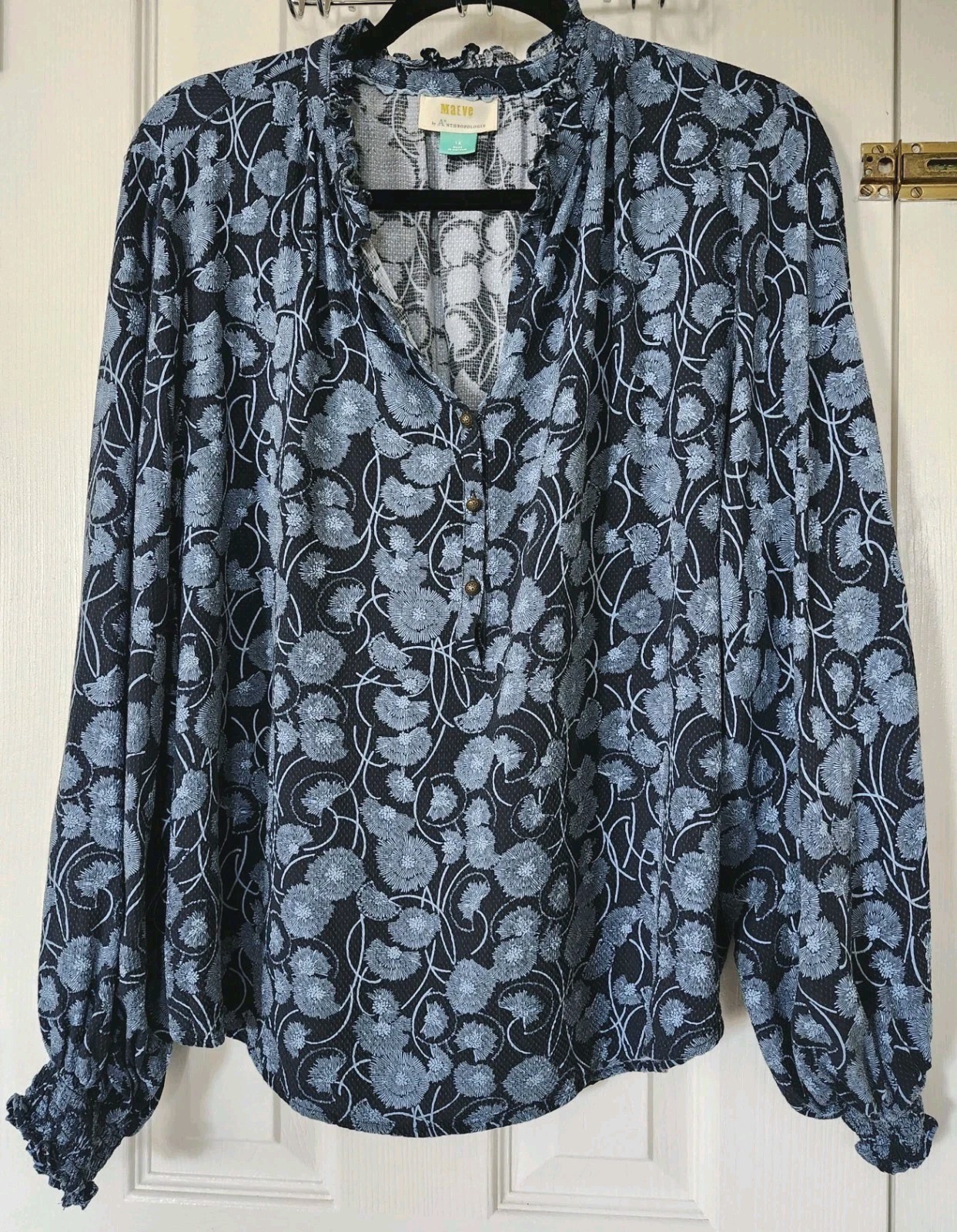 Maeve by Anthropologie Blue Floral Long Sleeve Colette Peasant Blouse Size 1X 