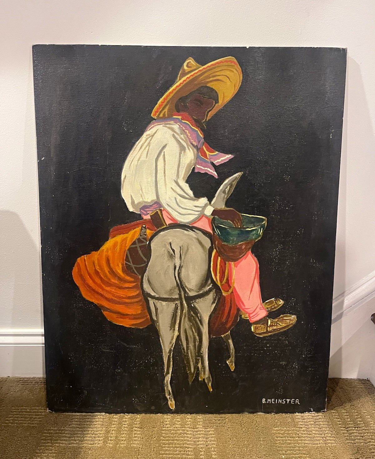 Vintage Mid-Century Jordan Meinster Mexican Cowboy Painting - Signed B. Meinster