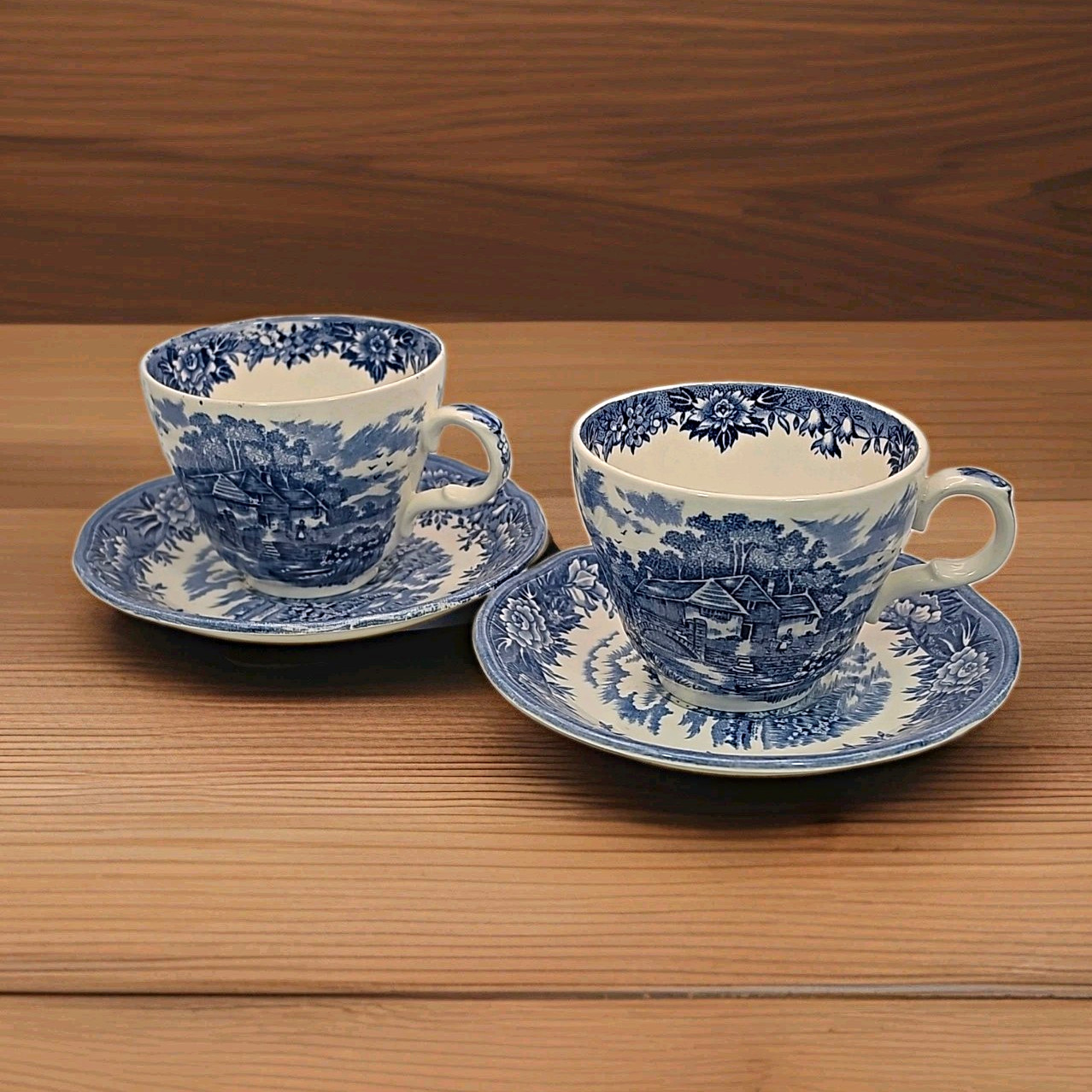 Vtg Myott Royal Mail Blue White Staffordshire Ware Tea Cup Saucer Set of 2 Eng
